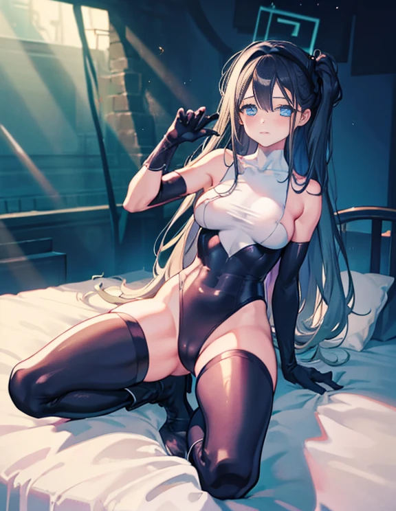 table top, highest quality,sleep on your back in bed,Crab crotch,show me your boots,thigh high boots,glove,Strange thieves,elegant, 1 girl, muscular,cute, blushed, looking at the viewer, from below,body suit, prison,blue eyes, beautiful eyes, beautiful background, particles of light, Light of the sun, dramatic lighting, outside, shiny, realistic, table top, highest quality, Super detailed, become familiar with, scenery, beautiful and detailed eyes, thin hair