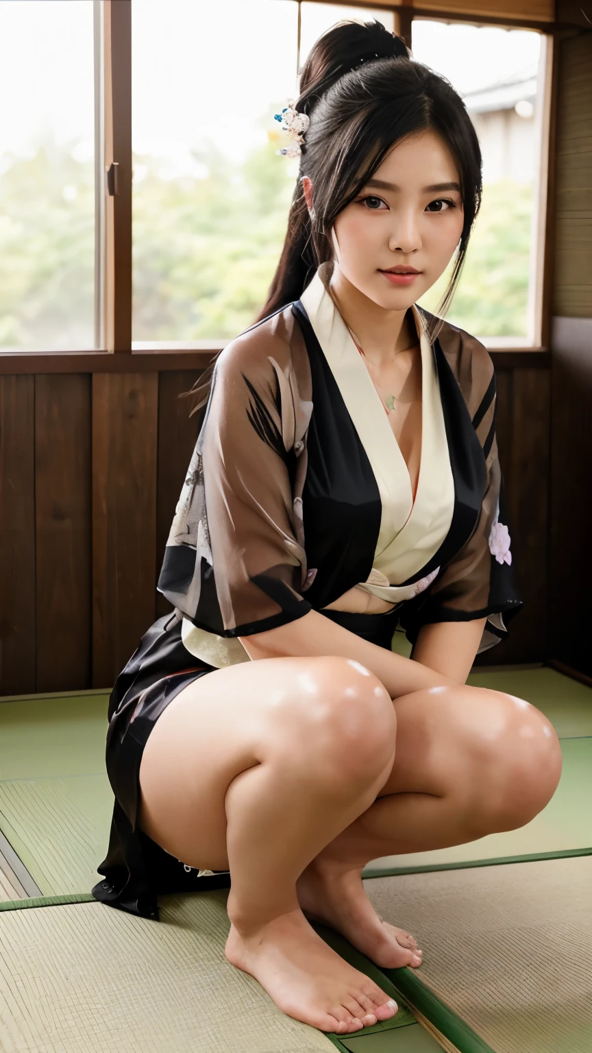 最high quality、high quality、best image quality、8K、最High resolution、High resolution、最high quality、masterpiece、realistic pictures、RAW photo、realistic atmosphere、(detailed face)、(fine hands、thumb1reference4)、(beauty of japan )、very nice face、cute face、((beautiful japanese girl))、(woman), ((18 year old beautiful girl))、(glossy black hair)、(straight long hair)、(ponytail)、whole body、slim style、(shiny skin)、(Fair skin, Glossy skin)、real human skin、realistic human body structure、perfect body, perfect face, perfect hands, perfect fingers, perfect lips, perfect eyes,perfect teeth、perfect background, perfect atmosphere,look at the camera、 soft natural light、samurai kimono、maiko kimono、servant、geisha kimono、japanese kimono、Furisode、kimono、Yukata、japanese traditional、Samurai Residence、Japanese garden、((colorful transparent see-through(flowery kimono、Hakama with side slits))、((sit on the stump with your knees bent(Pose that makes your thighs look beautiful))