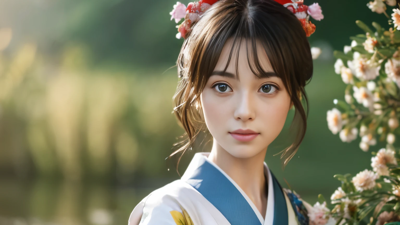 Highly detailed CG Unity 8K wallpaper, with the best quality, super detailed pussy, Representative works, reality, realistic pictures, Highly detailed cute girl, 25 years old, ((Japanese, kimono, hurry)) , round eyes, big breasts, hair ornaments