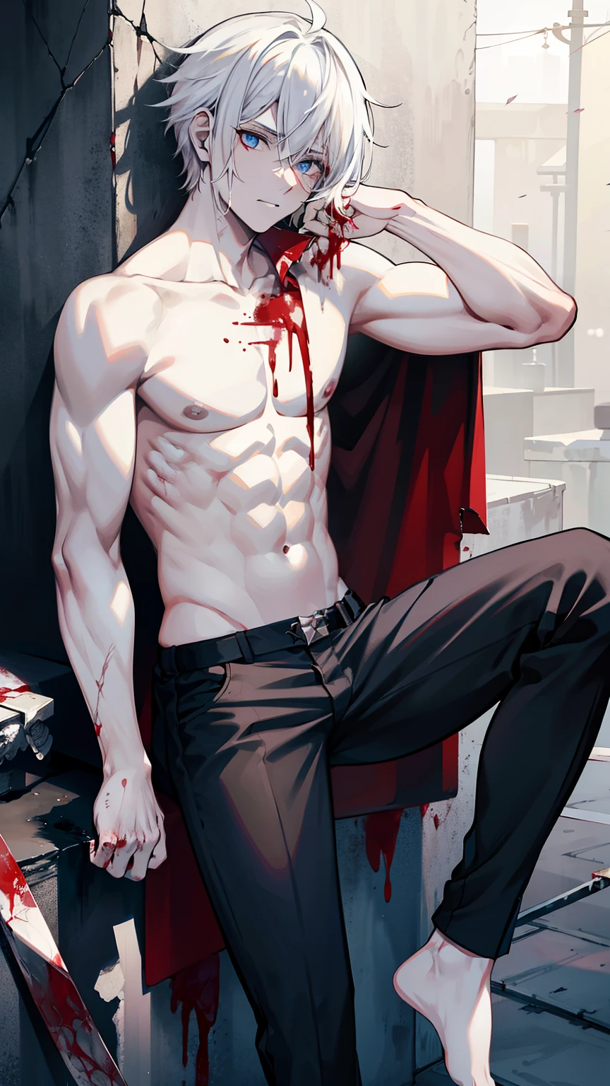 White haired male, shirtless, blood on his face after killing someone, katana with blood, blue eyes, staring coldly, fullbody, detailed, black pants