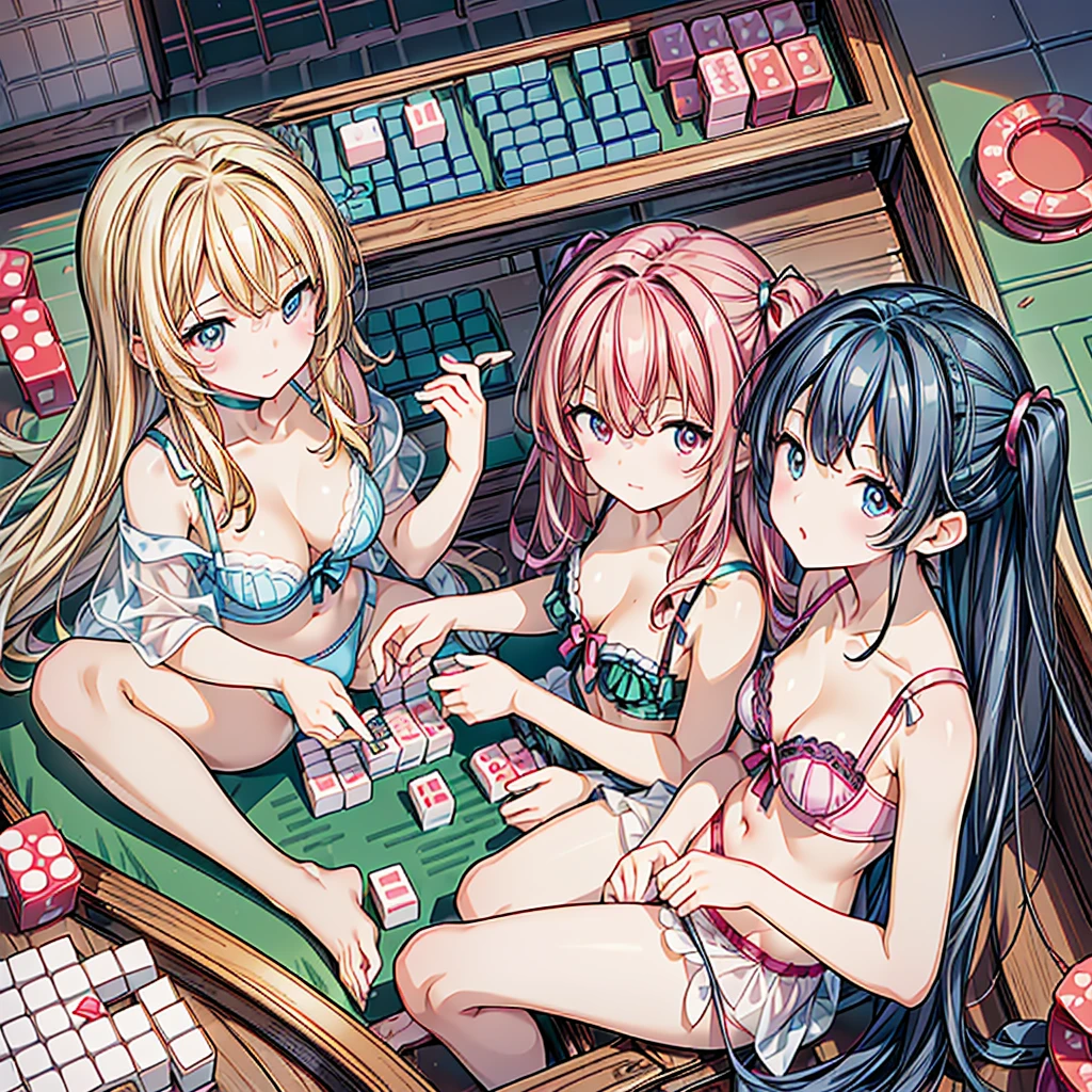 🀄, (undressed mahjong table game), masterpiece, high-quality, high-contrast, high-definition, high-resolution, Realistic anime style, ((beautiful 4 women are playing 4-women mahjong), (they are mahjong players in each chair with Sitting on all sides of a mahjong's square table:1.3), they have different figures, Shiny hair and skin, embarrassed and flushed cheeks, Preoccupied expression), (They are all in their neet colorful underwear like cute lingerie:1.5), (well-rounded mahjong tiles:1.4), Angle looking down on the center from diagonally above, Location is high classy room of Secret VIP room in a gambling parlor in background, richly drawn and delicate,