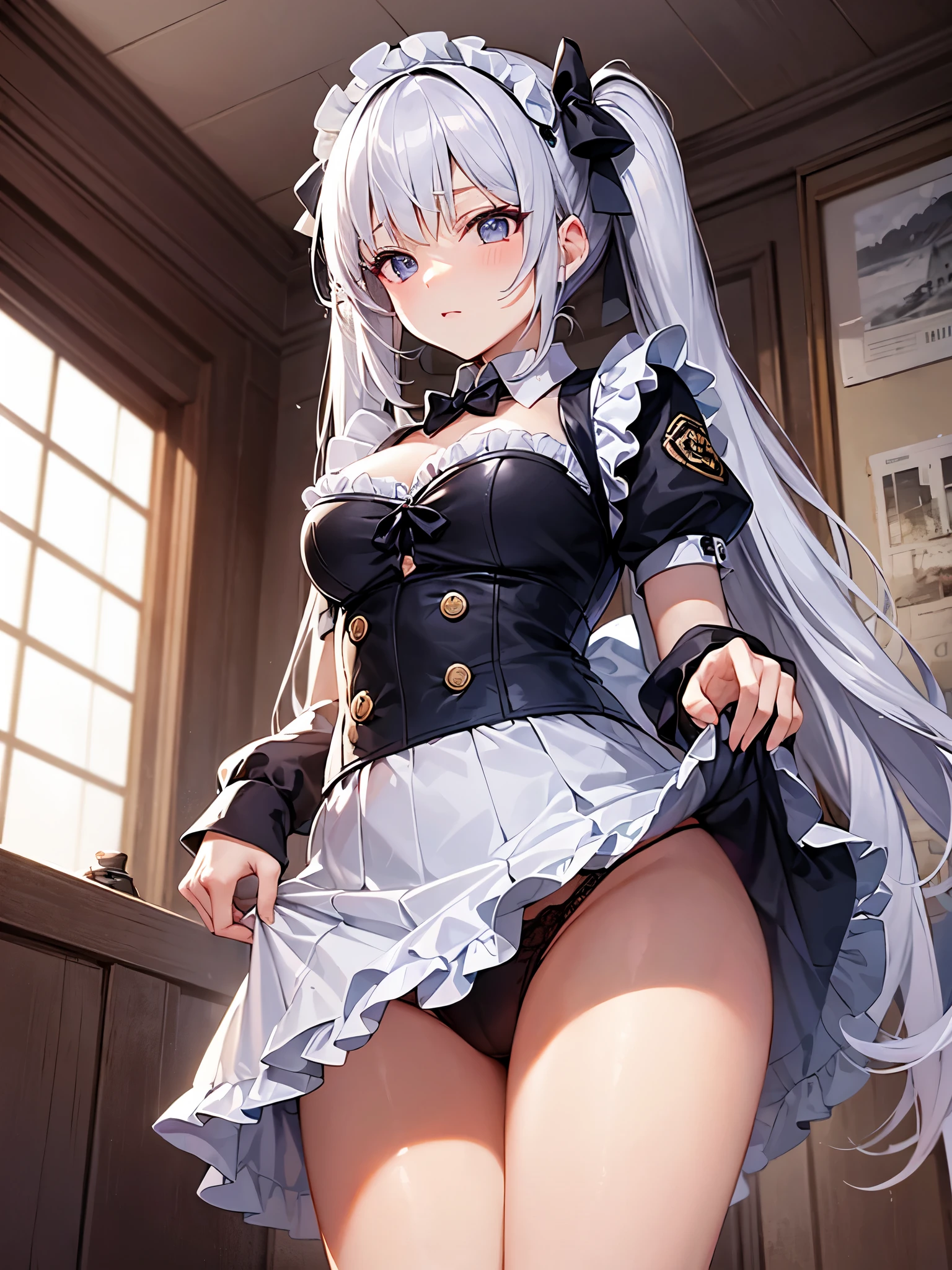 highest quality, maid, long silver hair twintails, Small breasts, shy, angle from below, super short skirt, light blue detailed lace underwear，break，ideal style，master piece，break，lift the skirt，break，（（open leg）），lift up the skirt