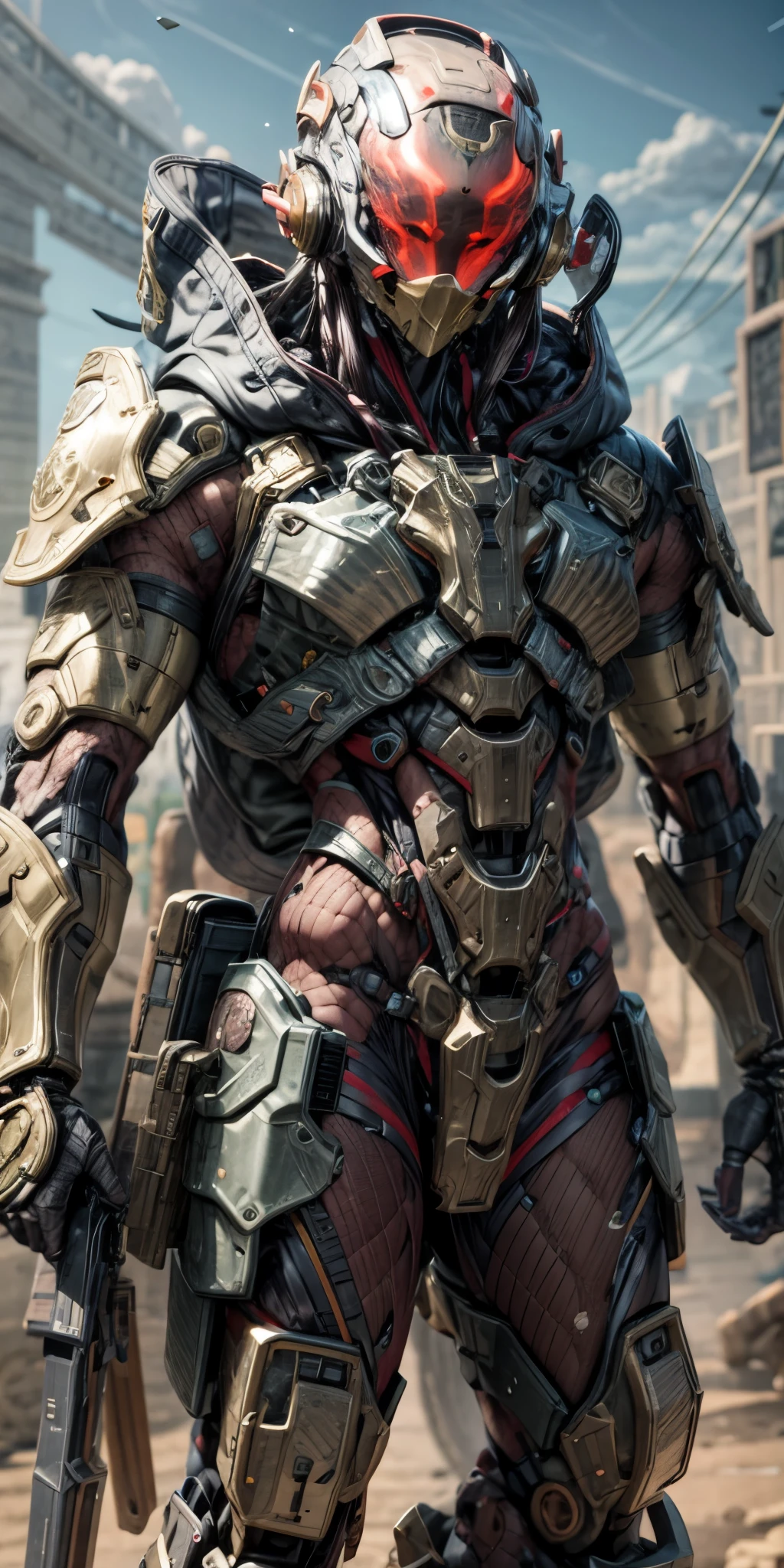 (((An epic and visually stunning digital anime masterpiece:1.4, art piece featuring a ((feminine male:1.5)) elegant military robot soldier clad in a sleek yet tactical armored yet decorated military trench coat:1.3))), (((flat masculine male chest:1.5, mechanical robot head with a hood, glowing orange bar visor:1.5))), (((the character clothed in a (scifi tactical armored double breasted trench coat with a built in exoskeleton, hood pulled up), (((over a form fitted armor plated yet super sleek and sensually revealing under suit:1.6, thighs and waist exposed:1.5))), the armor plating on the upper arms and shoulders beautifully engraved))):1.4, The image showcases the intricacies of the character’s armor and clothing:1.5, ((capturing their flamboyant feminine essence and heavy mechanical art deco aesthetic:1.2)), The character also possesses an androgynous charm, (((with a toned yet heavily muscled gorgeous feminine physique:1.4, a sleek waist:1.2, mesomorphic mechanical muscular armored torso:1.3, toned yet beautifully sleek cybernetic arms:1.3, mechanical arms and legs:1.3, mechanical muscles:1.3))), looking at viewer, (((brass metal armor and brown leather, dieselpunk:1.3))), (((depth of field, cinematic lighting, chromatic aberration, ray tracing, UHD, masterpiece, top of head covered, super detail, high details, high quality, award winning, 8k, highres, artificial muscle:1.4)))