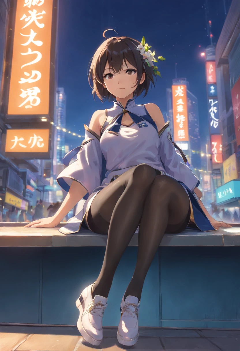 Raiden Mei (Valkyrie Blade Blows), {Jogo CG}, office lady, cabelos muito longos, {{magro}}, {{Mature female}}, pernas finas, best quality, master part, circunstanciado, ao ar livre, Jardim Suzhou, Roupas chinesas, {{Black pantyhose}}, white footwear, salto alto, sentado, floral decorations, silver decoration, Shoe decoration,,O belo,movente,Cinematic lighting, UHD, master part, pele texturizada, Super Detalhe, Detalhes altos, alta qualidade, Premiado, best quality