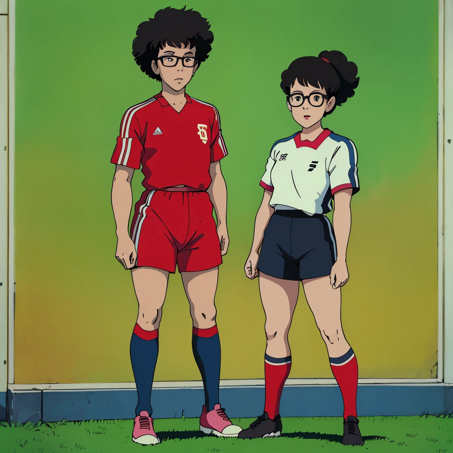 Female, black hair, perm hairstyle, glasses, soccer player, red jersey, black shorts, socks, shinguards, cleats, 1980’s, wallpaper, standing, soccer field background 