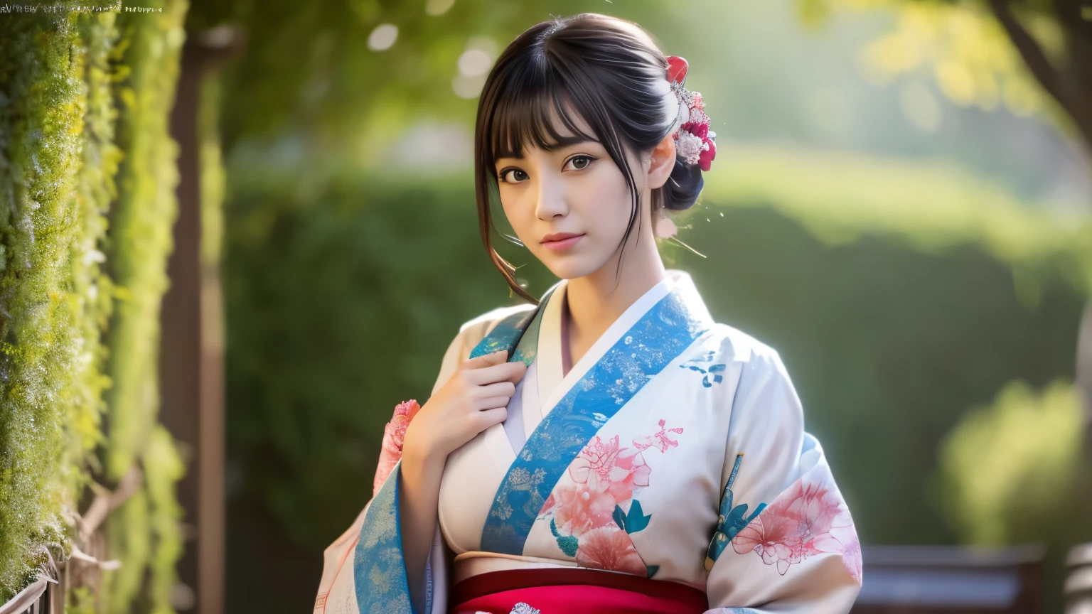 Highly detailed CG Unity 8K wallpaper, with the best quality, super detailed pussy, Representative works, reality, realistic pictures, Highly detailed cute girl, 25 years old, ((Japanese, kimono, hurry)) , round eyes, big breasts, hair ornaments