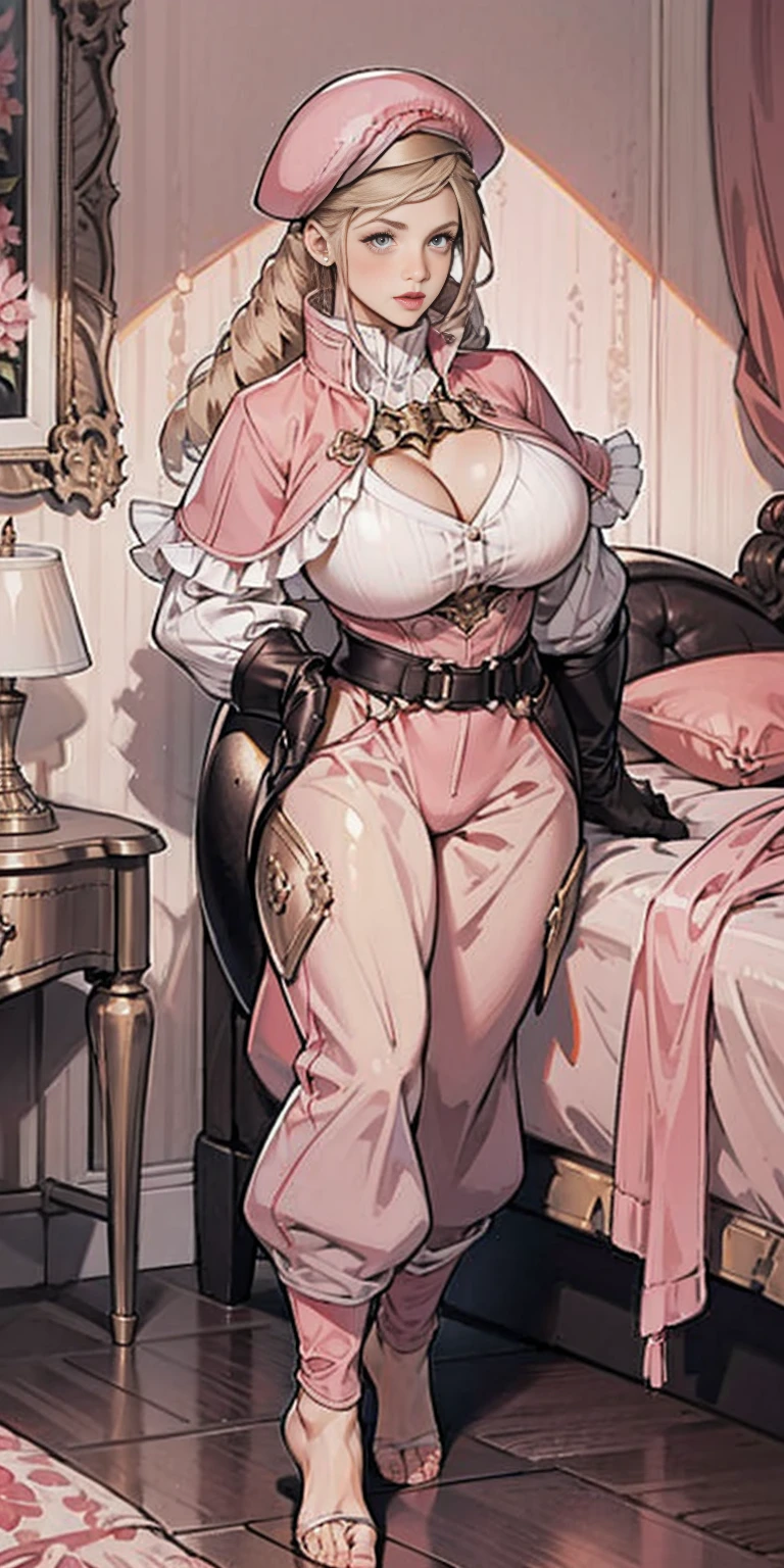 masterpiece, best quality, full body, barefoot, solo, female, big breast, feforrest, beret, pink capelet, pink tunic, white pants, brown gloves, upper body, looking at viewer, shy, from above, mansion, room, finely decorated room, pink theme, big breast but cover, hands to hip