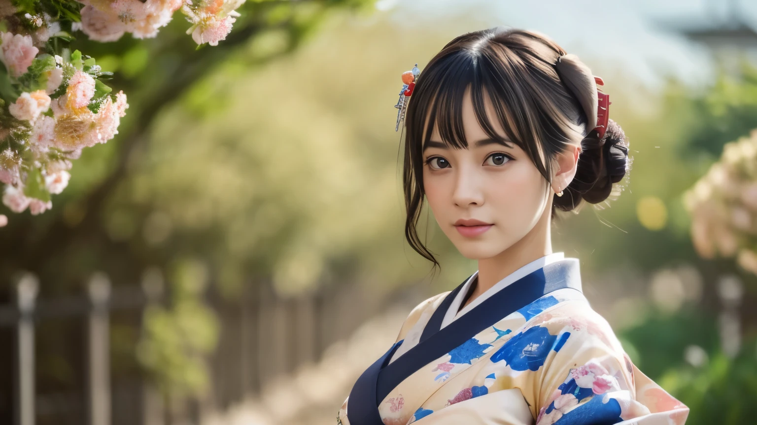 Highly detailed CG unity 8k wallpaper, with the best quality, super detailed pussy, Representative works, Reality, realistic pictures, Highly detailed cute girl, 25 years old, ((japanese, kimono, rush)) , round eyes, large breasts, hair ornaments, Are standing, Upper body