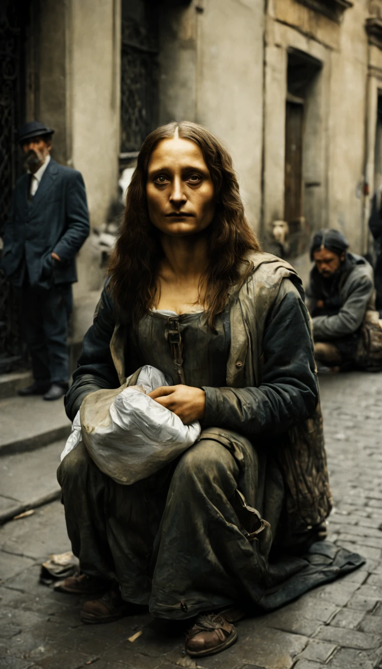 Mona Lisa homeless, begging on street,1900-1917 --ar 5:7
