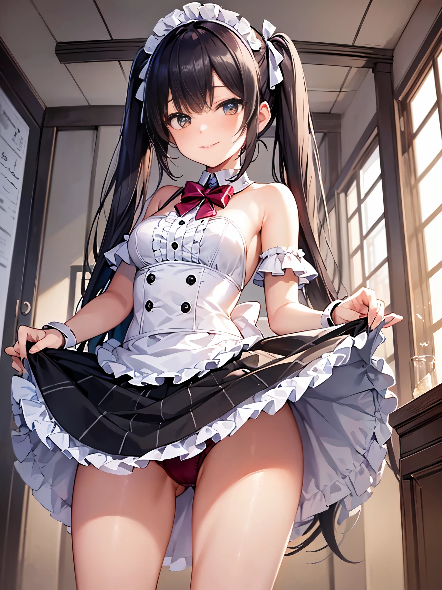 highest quality, maid, long silver hair twintails, Small breasts, shy, angle from below, super short skirt, break,light blue detailed lace underwear,break,ideal style,master piece,break,lift the skirt,break,((open leg)),lift up the skirt,shy smile