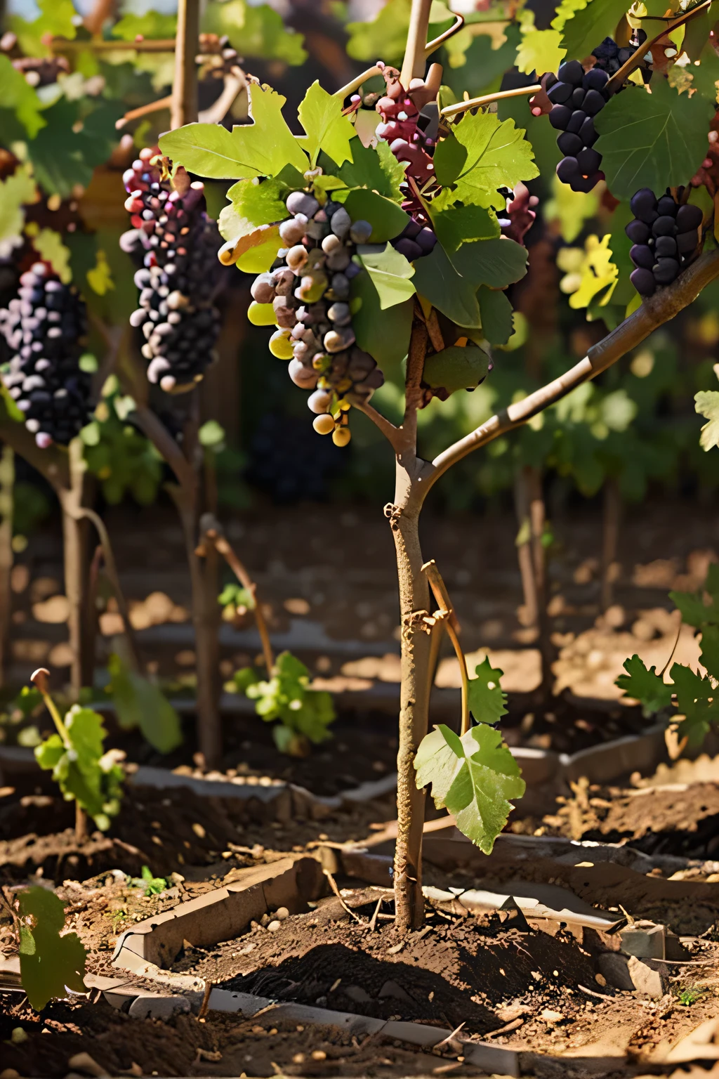 Grape seedlings，Ripe grapes，planting soil，cartoonish style，grape sapling，grape buds
