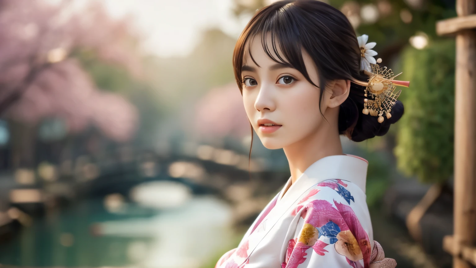 Highly detailed CG unity 8k wallpaper, with the best quality, super detailed pussy, Representative works, Reality, realistic pictures, Highly detailed cute girl, 25 years old, ((japanese, kimono, rush)) , round eyes, large breasts, hair ornaments, Are standing, Upper body