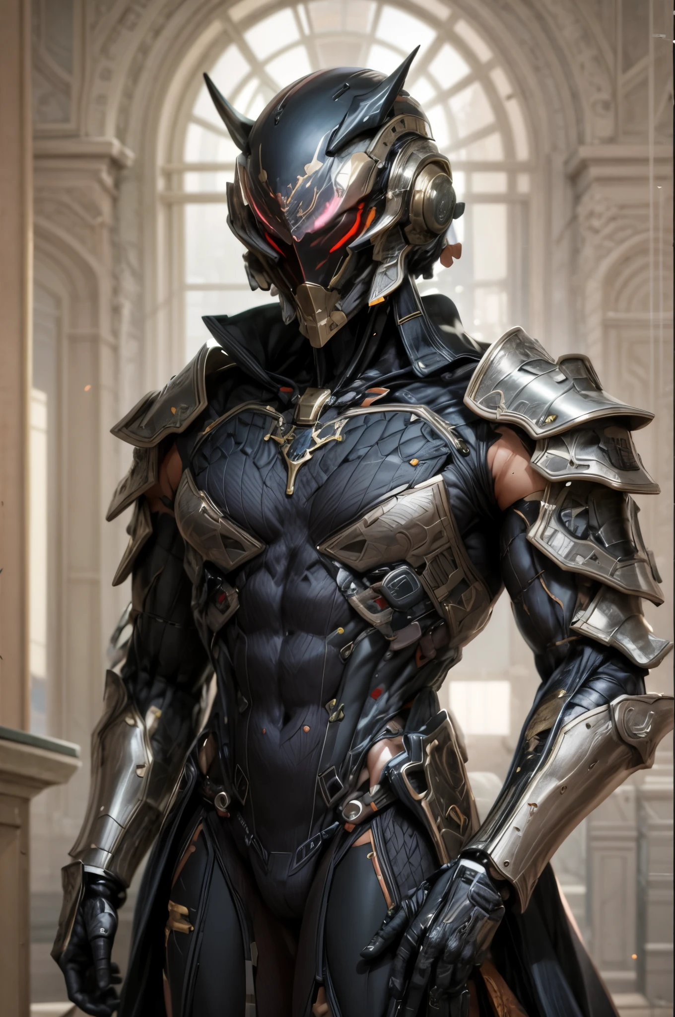 (((An epic and visually stunning digital anime masterpiece:1.4, art piece featuring a ((feminine male:1.5)) elegant military robot soldier clad in a sleek yet tactical armored yet decorated military trench coat:1.3))), (((flat masculine male chest:1.5, mechanical robot head with a hood, glowing orange bar visor:1.5))), (((the character clothed in a (scifi tactical armored double breasted trench coat with a built in exoskeleton, hood pulled up), (((over a form fitted armor plated yet super sleek and sensually revealing under suit:1.6, thighs and waist exposed:1.5))), the armor plating on the upper arms and shoulders beautifully engraved))):1.4, The image showcases the intricacies of the character’s armor and clothing:1.5, ((capturing their flamboyant feminine essence and heavy mechanical art deco aesthetic:1.2)), The character also possesses an androgynous charm, (((with a toned yet heavily muscled gorgeous feminine physique:1.4, a sleek waist:1.2, mesomorphic mechanical muscular armored torso:1.3, toned yet beautifully sleek cybernetic arms:1.3, mechanical arms and legs:1.3, mechanical muscles:1.3))), looking at viewer, (((brass metal armor and brown leather, dieselpunk:1.3))), (((depth of field, cinematic lighting, chromatic aberration, ray tracing, UHD, masterpiece, top of head covered, super detail, high details, high quality, award winning, 8k, highres, artificial muscle:1.4)))