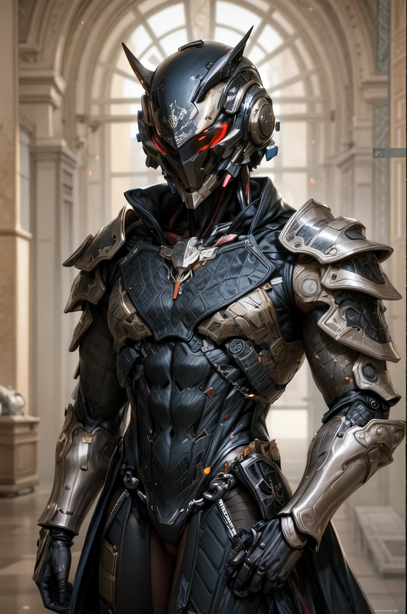 (((An epic and visually stunning digital anime masterpiece:1.4, art piece featuring a ((feminine male:1.5)) elegant military robot soldier clad in a sleek yet tactical armored yet decorated military trench coat:1.3))), (((flat masculine male chest:1.5, mechanical robot head with a hood, glowing orange bar visor:1.5))), (((the character clothed in a (scifi tactical armored double breasted trench coat with a built in exoskeleton, hood pulled up), (((over a form fitted armor plated yet super sleek and sensually revealing under suit:1.6, thighs and waist exposed:1.5))), the armor plating on the upper arms and shoulders beautifully engraved))):1.4, The image showcases the intricacies of the character’s armor and clothing:1.5, ((capturing their flamboyant feminine essence and heavy mechanical art deco aesthetic:1.2)), The character also possesses an androgynous charm, (((with a toned yet heavily muscled gorgeous feminine physique:1.4, a sleek waist:1.2, mesomorphic mechanical muscular armored torso:1.3, toned yet beautifully sleek cybernetic arms:1.3, mechanical arms and legs:1.3, mechanical muscles:1.3))), looking at viewer, (((brass metal armor and brown leather, dieselpunk:1.3))), (((depth of field, cinematic lighting, chromatic aberration, ray tracing, UHD, masterpiece, top of head covered, super detail, high details, high quality, award winning, 8k, highres, artificial muscle:1.4)))