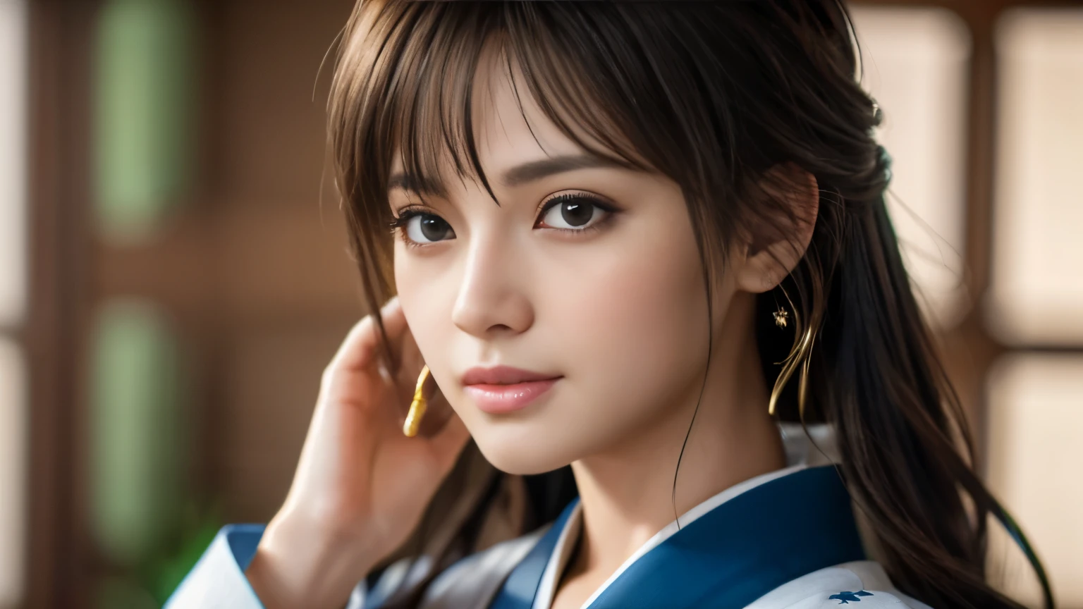 Highly detailed CG Unity 8K wallpaper, with the best quality, super detailed pussy, Representative works, reality, realistic pictures, Highly detailed cute girl, 25 years old, ((Japanese, kimono, hurry)) , round eyes, big breasts, hair ornaments
