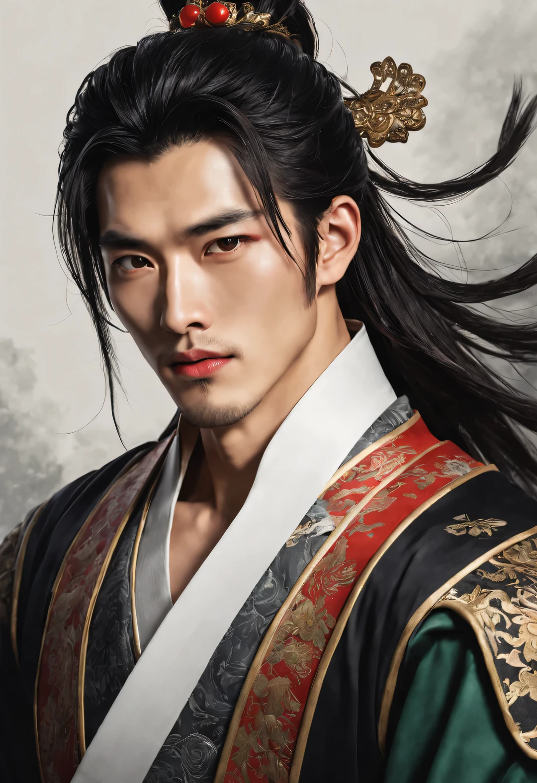 (male character design),(Close-up of cold handsome Chinese guy Pan An),(Close-up from the neck up),(messy long hair flying:1.37),(no headgear:1.37),Pan An as a representative figure of Chinese male beauty,messy long hair,Red lips and white teeth的清秀、Prefer tenderness and melancholy,(male character design),(Close-up of cold handsome Chinese guy Pan An),Pan An is tall,Ji Yu Xuanang,He has a strong physique,Pan An’s skin is fair and flawless,His exquisite facial features,eyes clear and bright,His nose bridge is very high,Red lips and white teeth,He wears a jade crown,Sabre on the waist,展现你的king者风范,(Pan An wears modern men's clothing'Fashion),Noble temperament,Hairstyles in the Western Jin Dynasty,Literary and romantic,Refers specifically to men,Inspired by Chinese actor Hu Ge,king,black and white,Chinese ink painting,black and white插画,