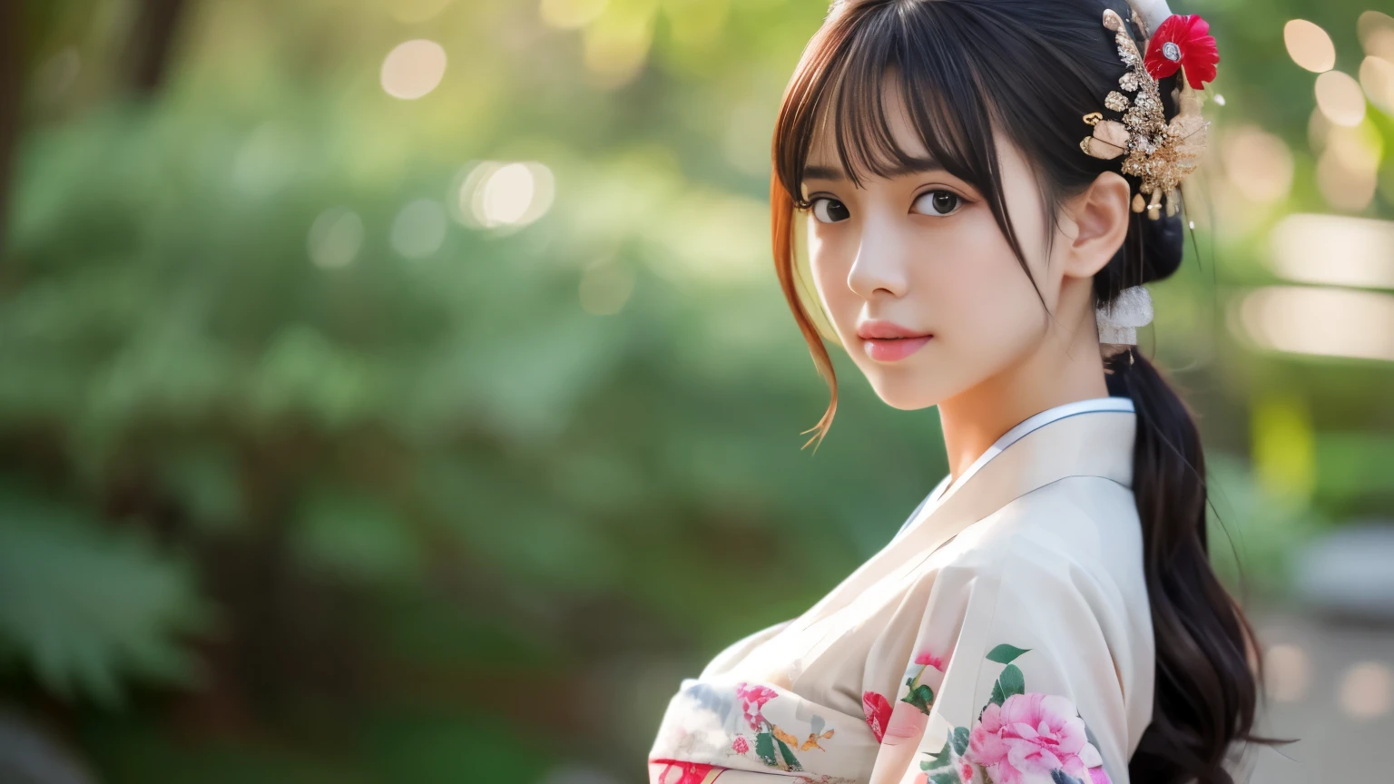 Highly detailed CG unity 8k wallpaper, with the best quality, super detailed pussy, Representative works, Reality, realistic pictures, Highly detailed cute girl, 25 years old, ((japanese, kimono, rush)) , round eyes, large breasts, hair ornaments, Are standing, Upper body, lower body