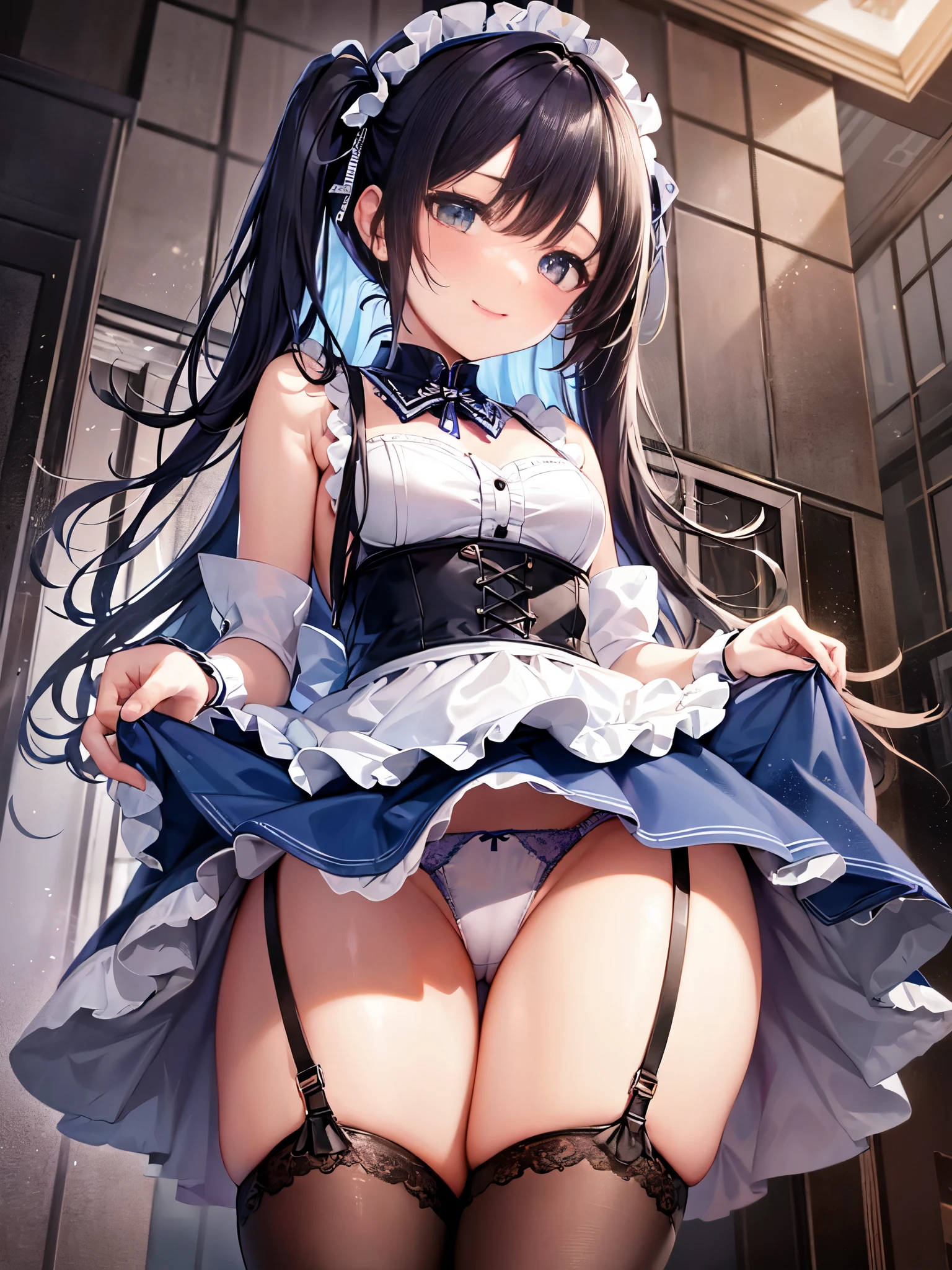 highest quality, maid, long silver hair twintails, Small breasts, shy, angle from below, （（（super short skirt）））, break，light blue detailed lace underwear，break，ideal style，master piece，break，lift the skirt，break，（（open leg）），lift up the skirt，shy smile