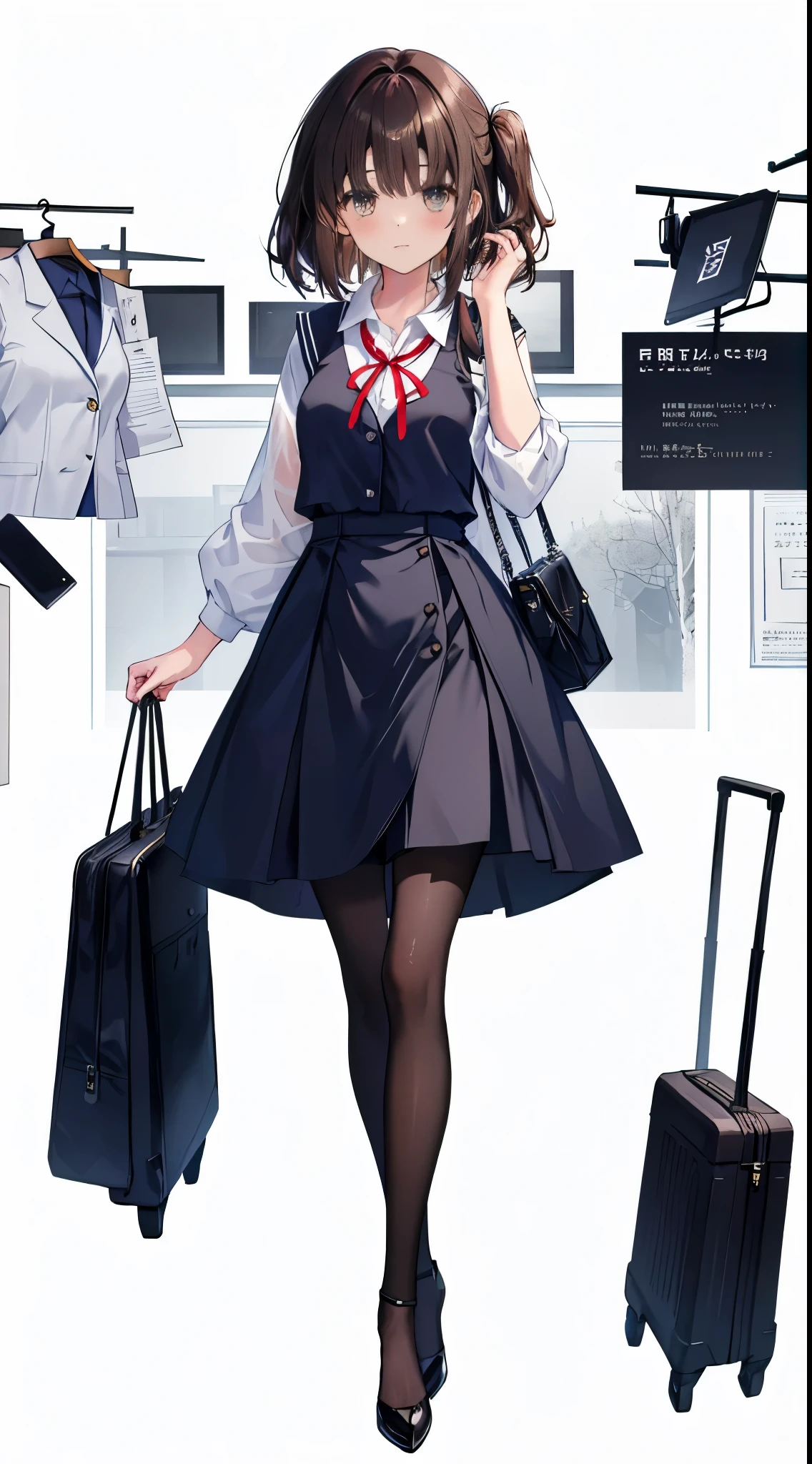 finest, masterpiece, High resolution, (whole body), front, frontやや下からの構図, symmetry, 18 year old girl, alone, (whole body from head to toe), small breasts, brown hair, slightly messy hair, bangs, (black tights), ( (black pantyhose), black pantyhose, composition show me your white panties, slender beautiful foot, とても美しい18 year old girl (navy high heels) foot), blush, shy big eyes, messy hair, looking at camera, show me your white panties, Hide your arms behind your back, dark blue office lady uniform, Dark blue pencil skirt, navy blue vest, beige cardigan