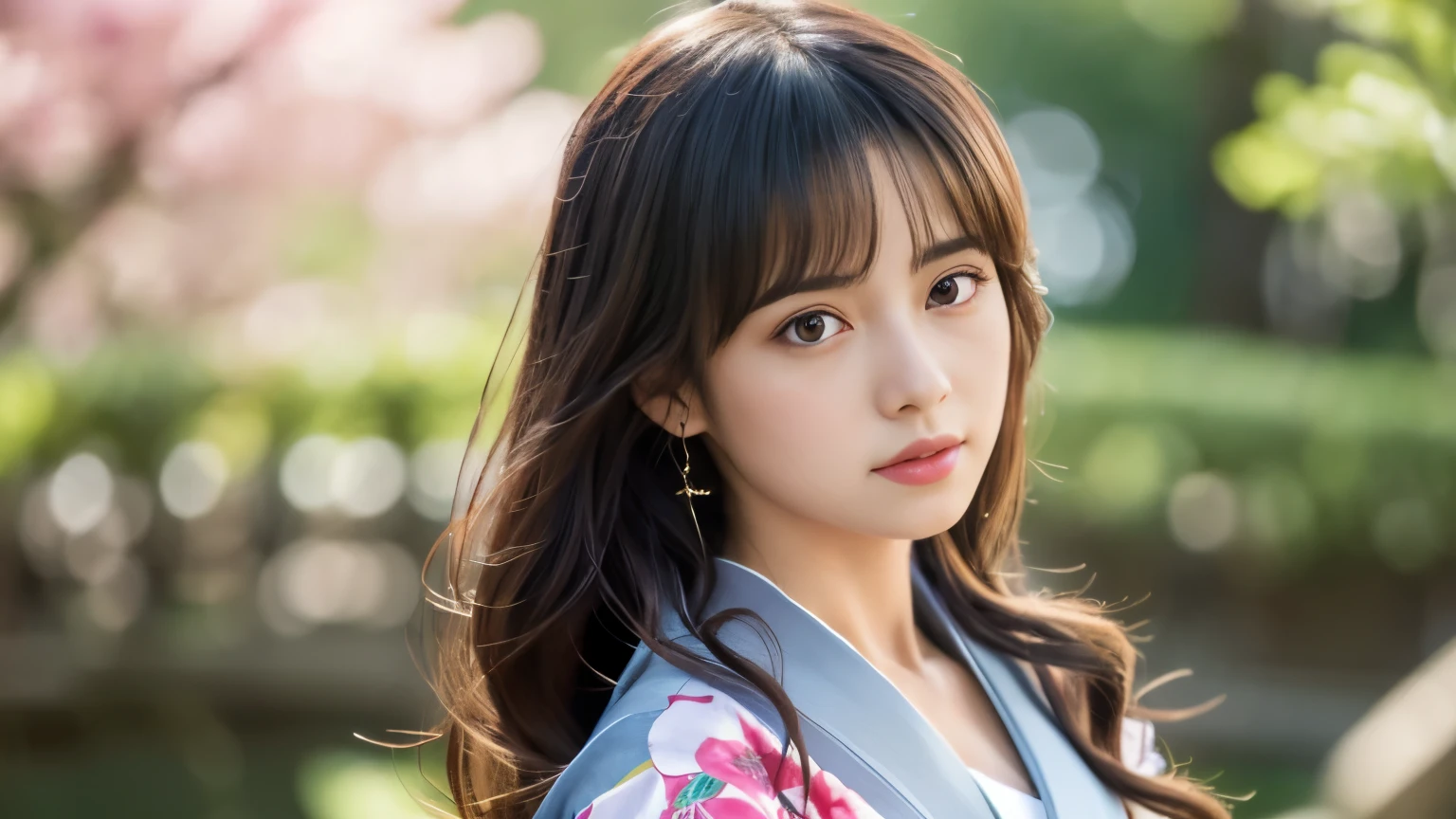 Highly detailed CG unity 8k wallpaper, with the best quality, super detailed pussy, Representative works, Reality, realistic pictures, Highly detailed cute girl, 25 years old, ((japanese, kimono, rush)) , round eyes, large breasts, hair ornaments, Are standing, Upper body, lower body