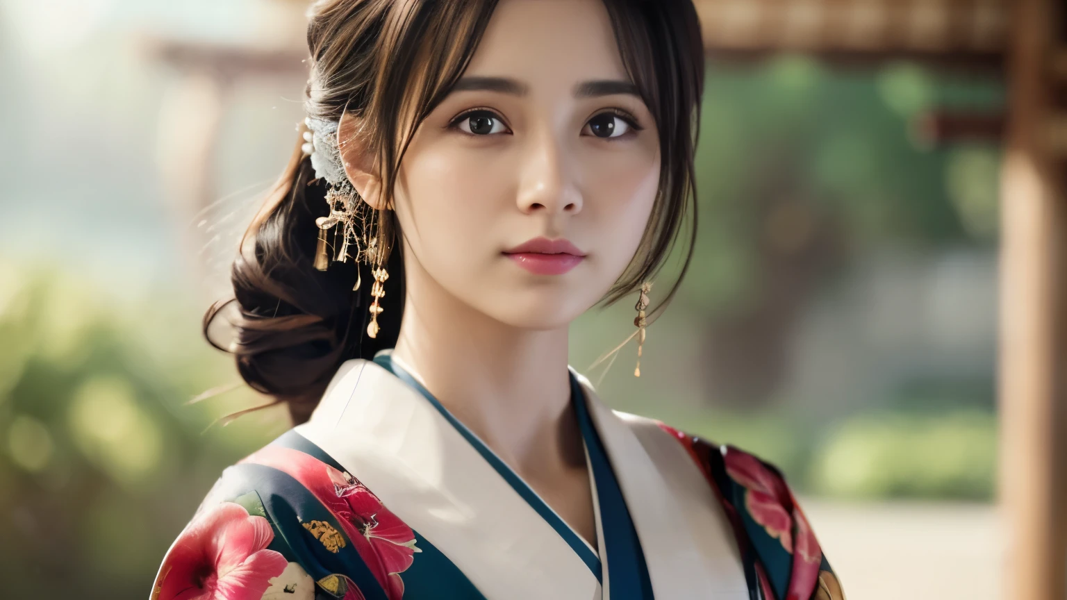 Highly detailed CG unity 8k wallpaper, with the best quality, super detailed pussy, Representative works, Reality, realistic pictures, Highly detailed cute girl, 25 years old, ((japanese, kimono, rush)) , round eyes, large breasts, hair ornaments, Are standing, Upper body