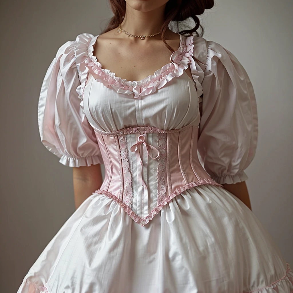 there is a woman wearing a white dress and a pink and white corset, rococo dress, costume with pink accents, dress in the style of rococo, intricate victorian dress, baroque dress, victorian dress, in a high renaissance style, rococo fashion, pink-white dress, fantasy dress, victorian pink dress, pink corset, corset, victorian style costume