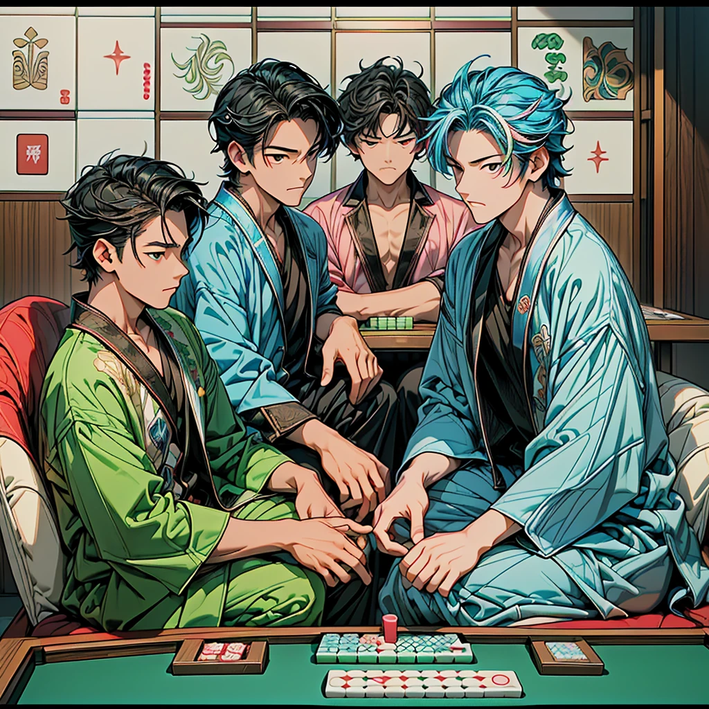 🀄, (mahjong table game), masterpiece, high-quality, high-contrast, high-definition, high-resolution, Realistic anime style, ((cooll 4 men are playing 4-men mahjong), (they are mahjong players in each chair with Sitting on all sides of a mahjong's square table:1.3), they have different figures), (They are all in their neet colorful suit:1.5), (well-rounded mahjong tiles:1.4), Angle looking down on the center from diagonally above, Location is high classy room of Secret VIP room in a gambling parlor in background, richly drawn and delicate,