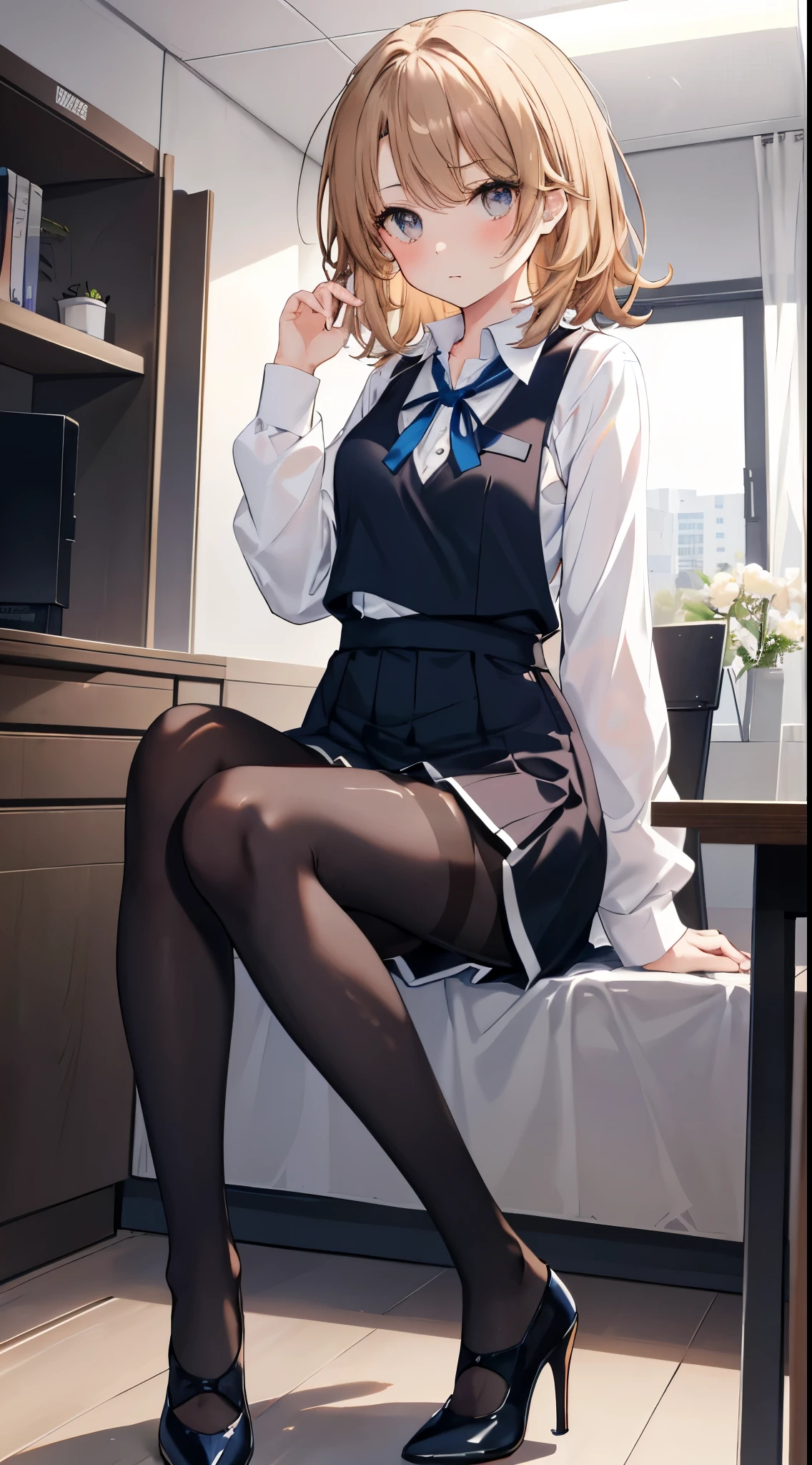 finest, masterpiece, High resolution, (whole body), front, frontやや下からの構図, symmetry, 18 year old girl, alone, (whole body from head to toe), small breasts, brown hair, slightly messy hair, bangs, (black tights), ( (black pantyhose), black pantyhose, composition show me your white panties, slender beautiful foot, とても美しい18 year old girl (navy high heels) foot), blush, shy big eyes, messy hair, looking at camera, show me your white panties, Hide your arms behind your back, dark blue office lady uniform, Dark blue pencil skirt, navy blue vest, beige cardigan