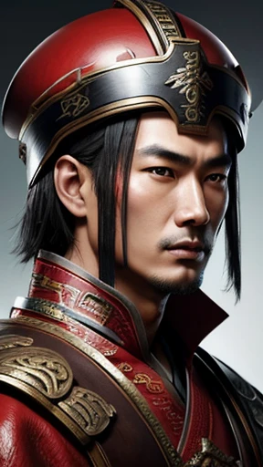 oriental、man in ancient chinese clothes、Ancient Chinese man wearing a leather helmet、three kingdom、multiple warlords、highest quality、masterpiece、ultra high resolution、(realistic:1.4)、game poster、Clear and beautiful image quality、Red clothes
