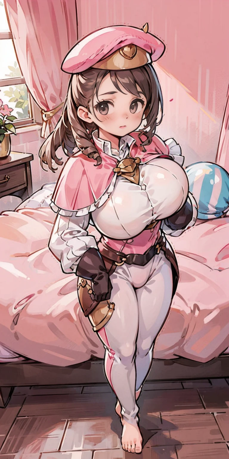 masterpiece, best quality, full body, barefoot, solo, female, big breast, feforrest, beret, pink capelet, pink tunic, white pants, brown gloves, upper body, looking at viewer, shy, from above, mansion, room, finely decorated room, pink theme, big breast but cover, hands to hip