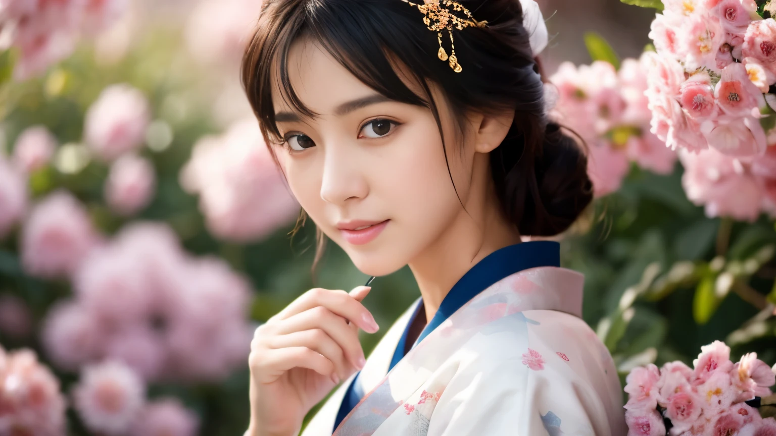 Highly detailed CG unity 8k wallpaper, with the best quality, super detailed pussy, Representative works, Reality, realistic pictures, Highly detailed cute girl, 25 years old, ((japanese, kimono, rush)) , round eyes, large breasts, hair ornaments, whole body, Angle of view that shows your style