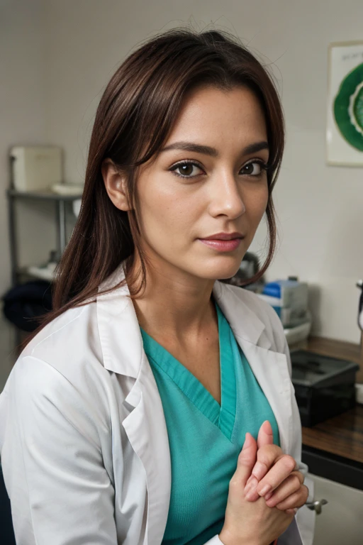 Mulher de pele clara, Longos cabelos azuis escuros, doctor's lab coat, forte, olhos verdes e com seios perfeitos resolução 8k nos olhos 👀 e seios detalhados,  realistic perfect hands 