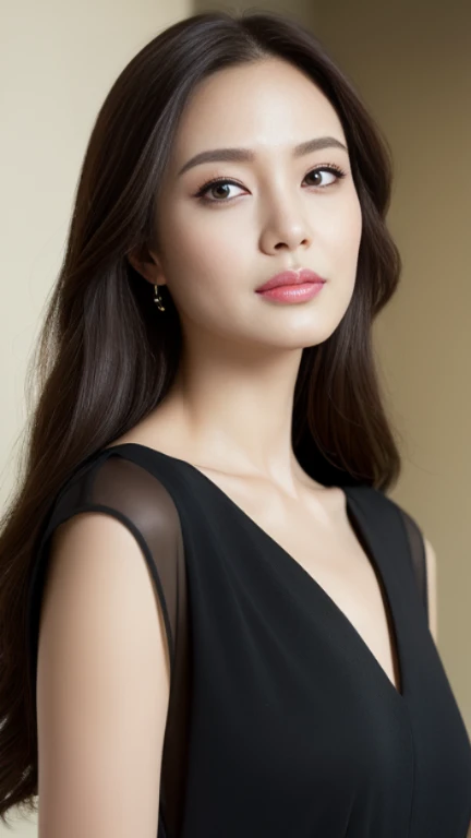 ((Angelina Sole)),((highest quality, 8K, masterpiece : 1.3)), sharp focus : 1.2, beautiful woman with perfect figure : 1.4, slim abs : 1.2, ((dark brown hair)), (Natural light, green : 1.1), Highly detailed face and skin texture, fine eyes, double eyelid、((professional makeup:1.3))、((sexy milf:1.3))、thick lips、lip gloss、eye make up、walking、((long hair)),((black dress :1.3))、Inside the museum、