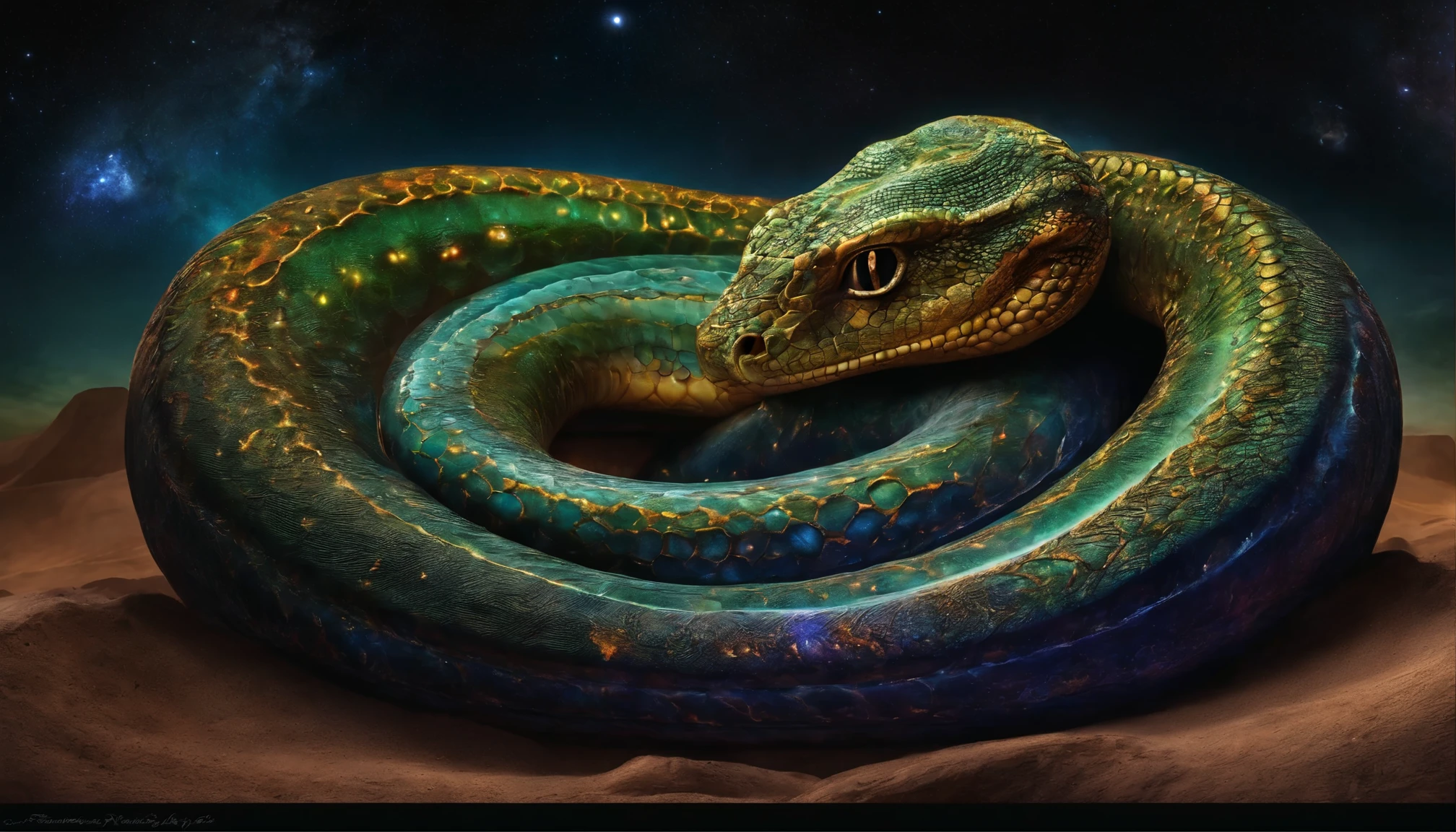 serpentine cosmic god, curled up on multiple planets