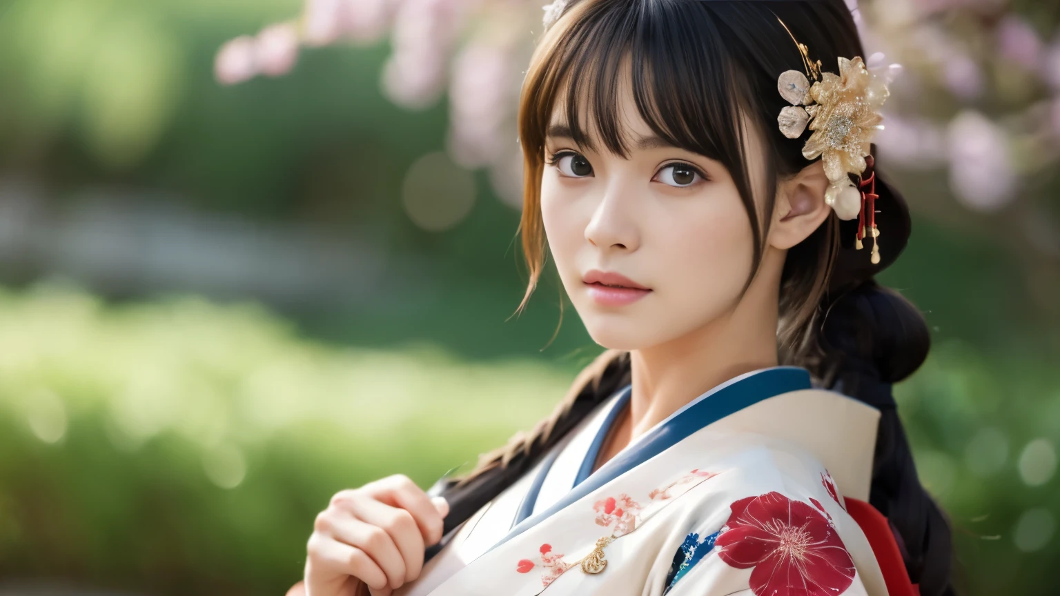 Highly detailed CG unity 8k wallpaper, with the best quality, super detailed pussy, Representative works, Reality, realistic pictures, Highly detailed cute girl, 25 years old, ((japanese, kimono, rush)) , round eyes, large breasts, hair ornaments
