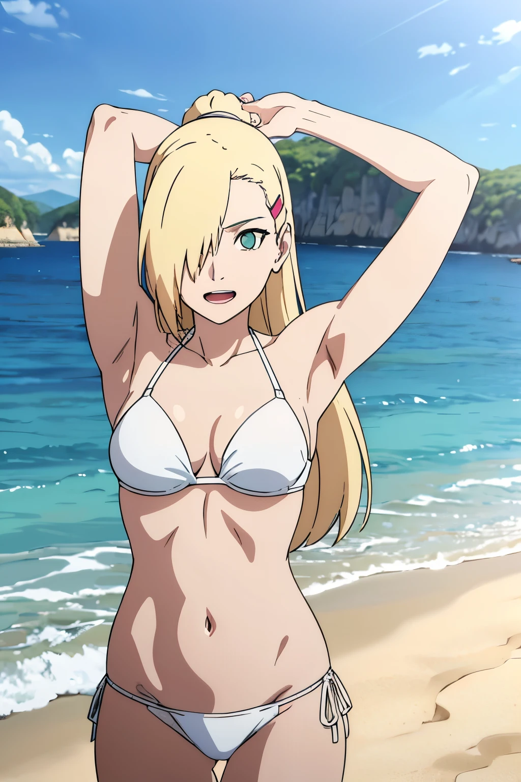 simple bikini, (standing), (stretching), Ino yamanaka, looking above, ultra detailed face, dusk time, anime style, (solo), (plain white bikini), detailed beach side, cleavage, (medium breasts), blonde, ((one eye covered with hair, hair over eye)), looking at the viewer, thick arms, (off-shoulders, wide shoulders, very little biceps), hidden eye, smile, open mouth, very happy, tall, hair clip, happy look, sharp face, sharp eye, long neck, groin, belly button, cold colors, double bra, thighs, (ultra detailed green eye, white sciera)

