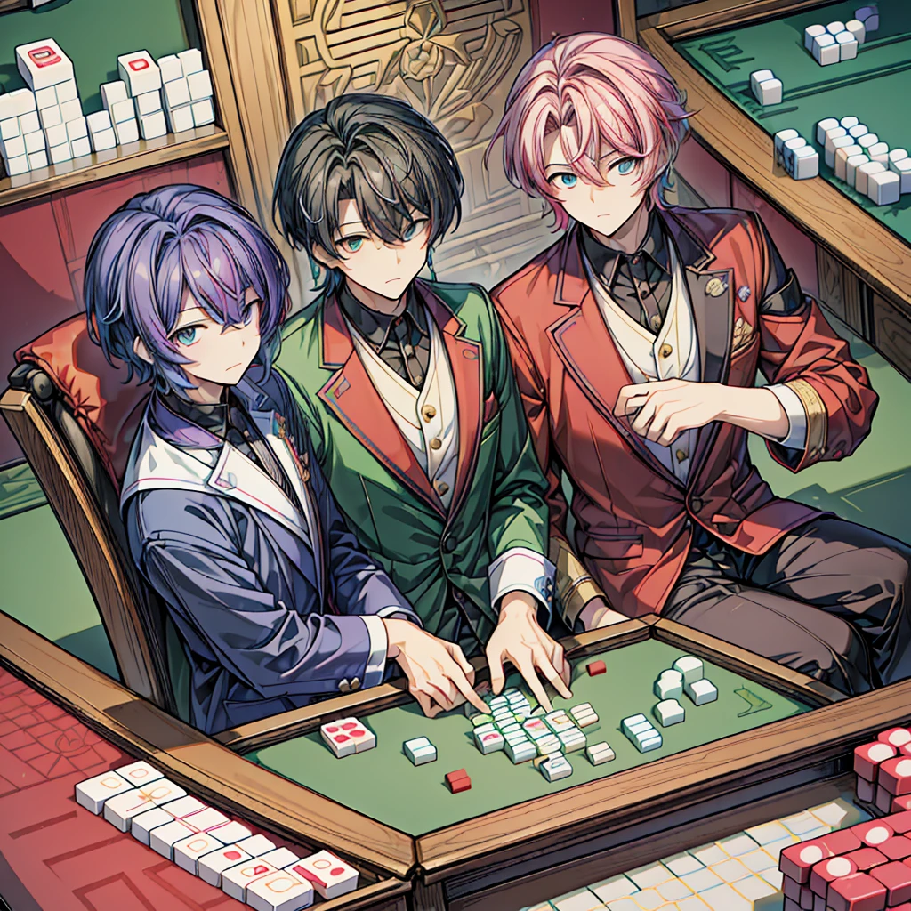 🀄, (mahjong table game), masterpiece, high-quality, high-contrast, high-definition, high-resolution, Realistic anime style, ((cooll 4 men are playing 4-men mahjong), (they are mahjong players in each chair with Sitting on all sides of a mahjong's square table:1.3), they have different figures), (They are all in their neet colorful suit:1.5), (well-rounded mahjong tiles:1.4), Angle looking down on the center from diagonally above, Location is high classy room of Secret VIP room in a gambling parlor in background, richly drawn and delicate,