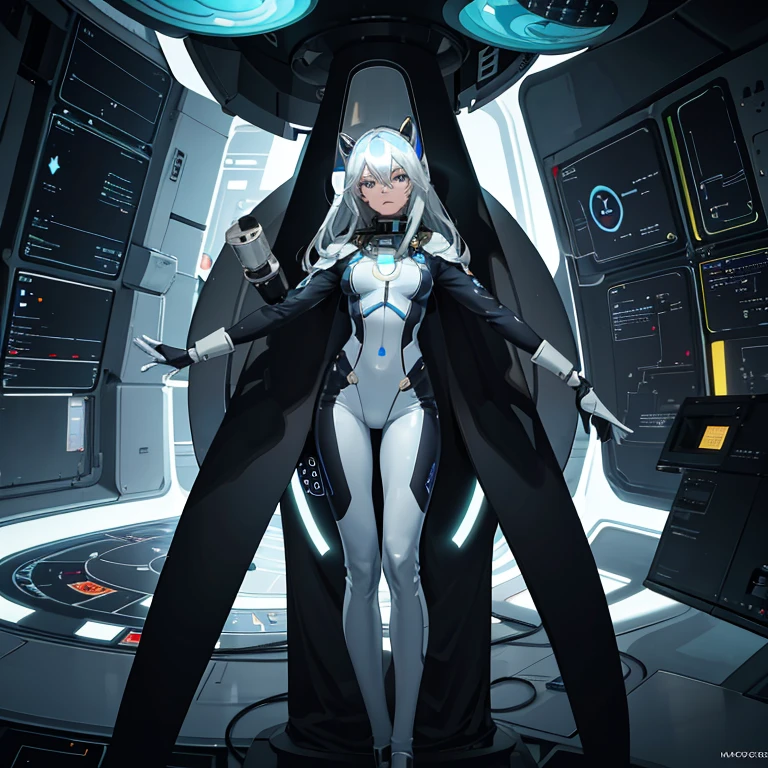 Margot Robbie in a futuristic environment, with advanced technical suit, At the high-tech space station, Holographic panel and spaceship in the background, Surrounded by curious scientists and explorers, Convey an atmosphere of discovery and progress, photograph, telescope lens, --Air 16:9 --v 5
