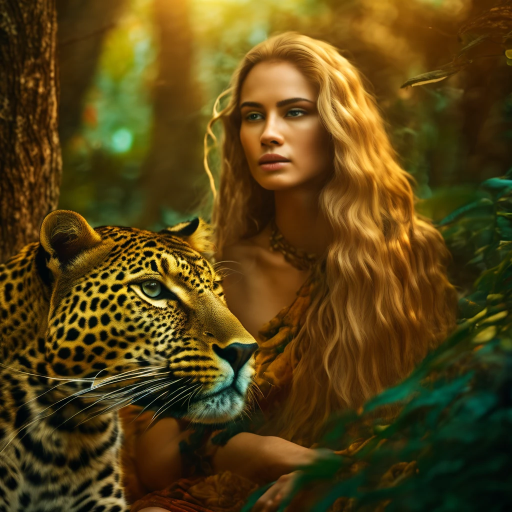 Fantasy pictures A beautiful young woman with long golden hair and a human upper body. The lower body, from the waist down, is that of a leopard. In the fantasy novel (half man half animal), the atmosphere is in the Hin Phan Forest. The bright colors look intriguing. The trees are intricate and detailed. photorealistic Long distance shot, high angle shot 