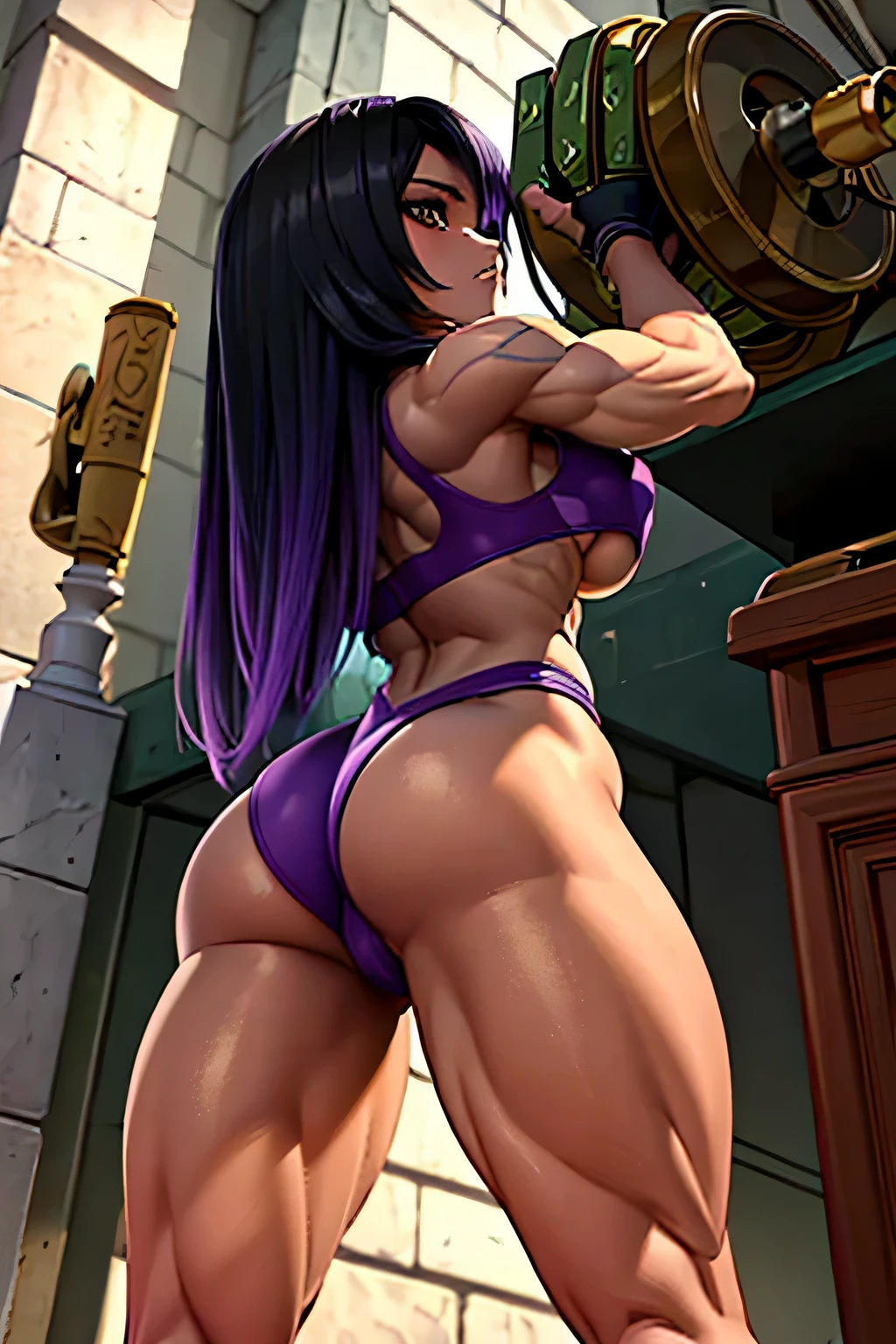high contrast, (8K UHD:1.2), (photorealistic:1.2),(masterpiece:1.4), (best quality:1.4),extremely detailed wallpaper, highly detailed illustrations, ((1 Girl)) , (super-complex details) official art, unity 8k wallpaper, ultra detailed, beautiful and aesthetic, masterpiece, best quality, ( zentangle, mandala, tangle, entangle), (fractal art:1.3) , masterpiece, , intricate detail,((bulking)),covered body upper body,(body builder:1.7), muscular, bob hair, busty, sexy, curvy, upper , raised hand, armpit, masterpiece, best quality, high quality, high definition, high quality texture, high quality shadow, high detail, beautiful detailed, fine detailed, extremely detailed cg, detailed texture, a realistic representation of the face, realistic, colorful , delicate, cinematic light, side light, Lens Flare, Ray Tracing, tailed beautiful delicate face, detailed beautiful delicate eyes, mature female, long hair, bored, pompadour cut, muscular, toned, navel, ripped abs, thick thighs, broad shoulders, big arm muscles, meaty leg muscles, thick eyelashes, makeup, (( black and purple hair, brown eyes , black-full-top, purple-pajama)), ((showing her big ass and back thigh's )).