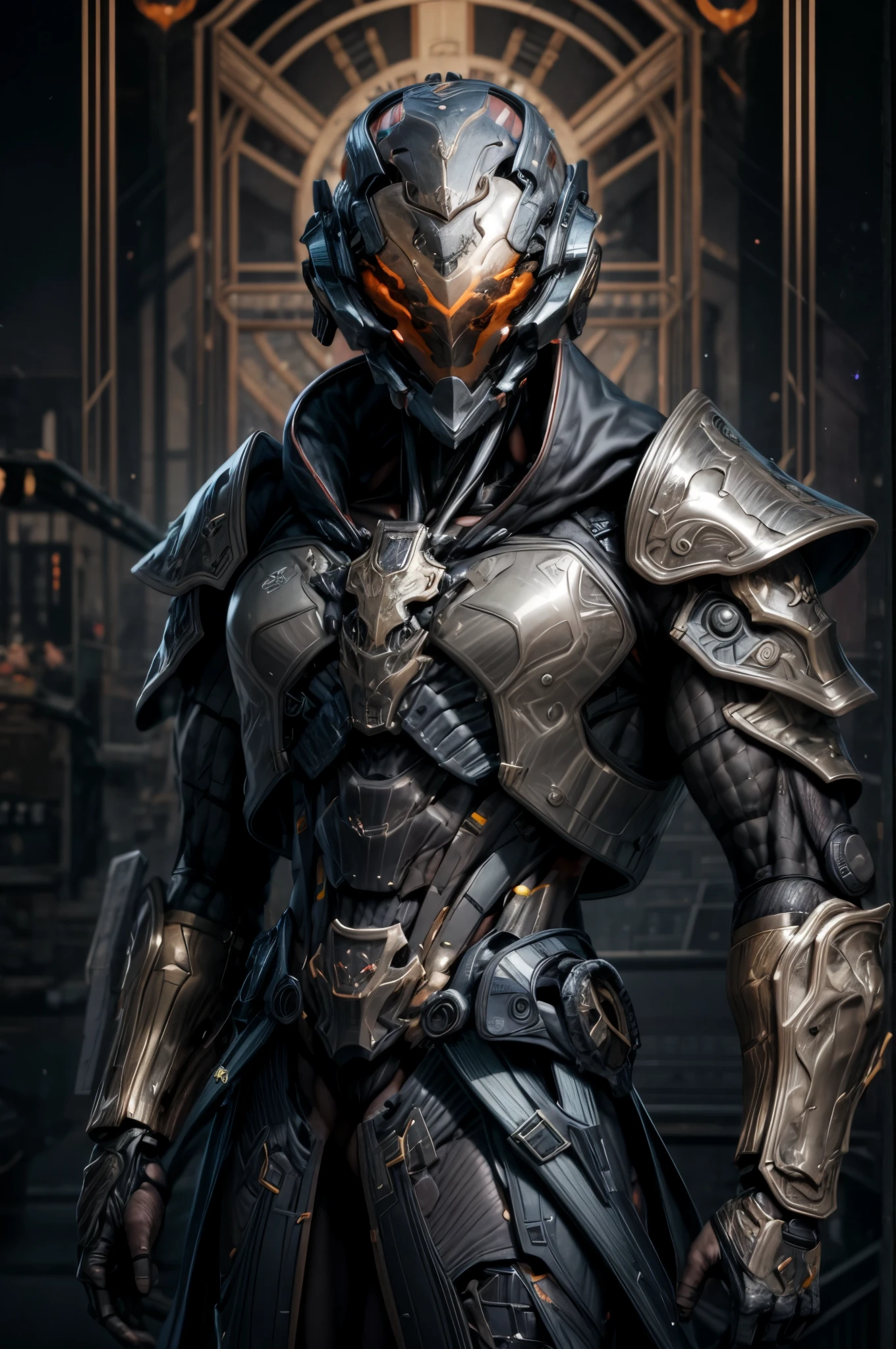 (((An epic and visually stunning digital anime masterpiece:1.4, art piece featuring a ((feminine male:1.5)) elegant military robot soldier clad in a sleek yet tactical armored yet decorated military trench coat:1.3))), (((flat masculine male chest:1.5, mechanical robot head with a hood, glowing orange bar visor:1.5))), (((the character clothed in a (scifi tactical armored double breasted trench coat with a built in exoskeleton, hood pulled up), (((over a form fitted armor plated yet super sleek and sensually revealing under suit:1.6, thighs and waist exposed:1.5))), the armor plating on the upper arms and shoulders beautifully engraved))):1.4, The image showcases the intricacies of the character’s armor and clothing:1.5, ((capturing their flamboyant feminine essence and heavy mechanical art deco aesthetic:1.2)), The character also possesses an androgynous charm, (((with a toned yet heavily muscled gorgeous feminine physique:1.4, a sleek waist:1.2, mesomorphic mechanical muscular armored torso:1.3, toned yet beautifully sleek cybernetic arms:1.3, mechanical arms and legs:1.3, mechanical muscles:1.3))), looking at viewer, (((brass metal armor and brown leather, dieselpunk:1.3))), (((depth of field, cinematic lighting, chromatic aberration, ray tracing, UHD, masterpiece, top of head covered, super detail, high details, high quality, award winning, 8k, highres, artificial muscle:1.4)))