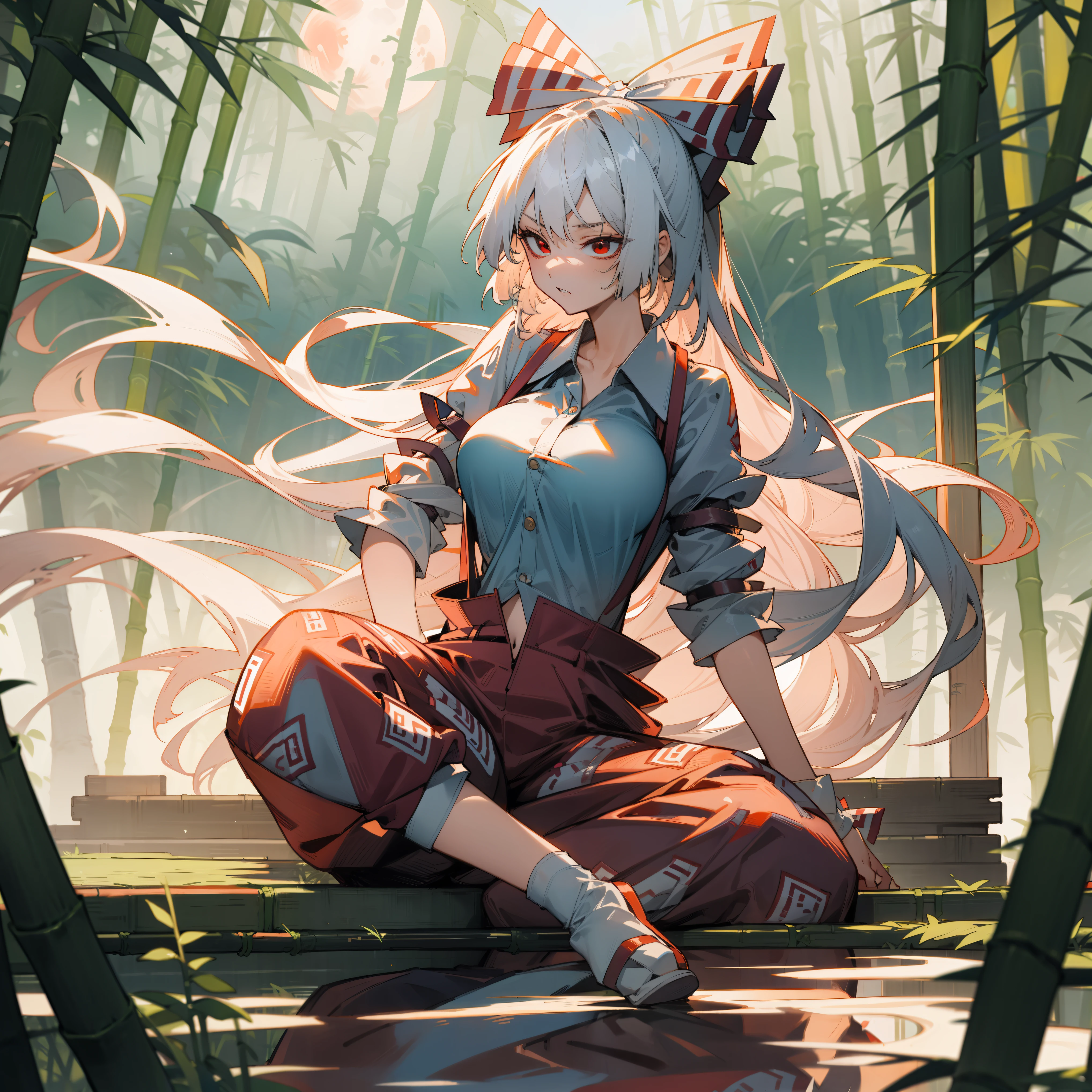 Fujiwara no Mokou(from Touhou) in bamboo forest. She has big tits. She has white hair, red eyes. She's wearing a white shirt, sit, night, moon, hair ribbons, 