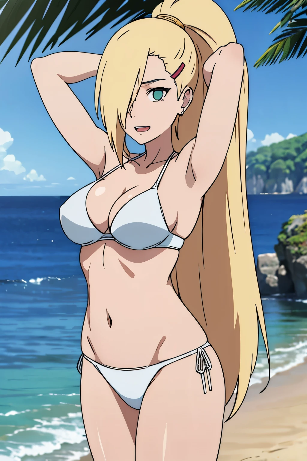 simple bikini, (standing), (stretching), Ino yamanaka, looking above, ultra detailed face, dusk time, anime style, (solo), (plain white bikini), detailed beach side, cleavage, (medium breasts), blonde, ((one eye covered with hair, hair over eye)), looking at the viewer, thick arms, (off-shoulders, wide shoulders, very little biceps), hidden eye, smile, open mouth, very happy, tall, hair clip, happy look, sharp face, sharp eye, long neck, groin, belly button, cold colors, double bra, thighs, (ultra detailed green eye, white sciera)
