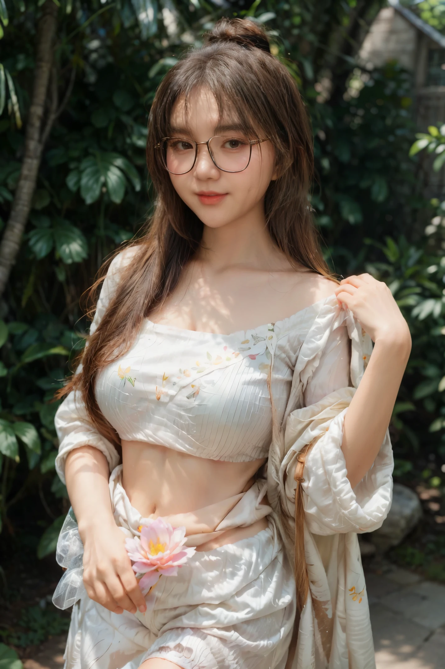 best quality,8k, Detailed facial depictions, Detailed eye description, wearing an elegant 100% transparent saree, brown eyes, glasses, brown hair (bun hair), shiny red lips, brown skin, lotus flowers in her hair, palms decorated with henna, in a blooming garden, bright colored flowers, green grass. blue sky, sunlight shining on her, peaceful and serene expression, subtle smile on her face, body language full of grace and elegance, scenic beauty, detailed and clear, high-resolution image, photorealistic rendering, color - Bright colors, soft and warm lighting, medium chest size, her boobs are exposed.