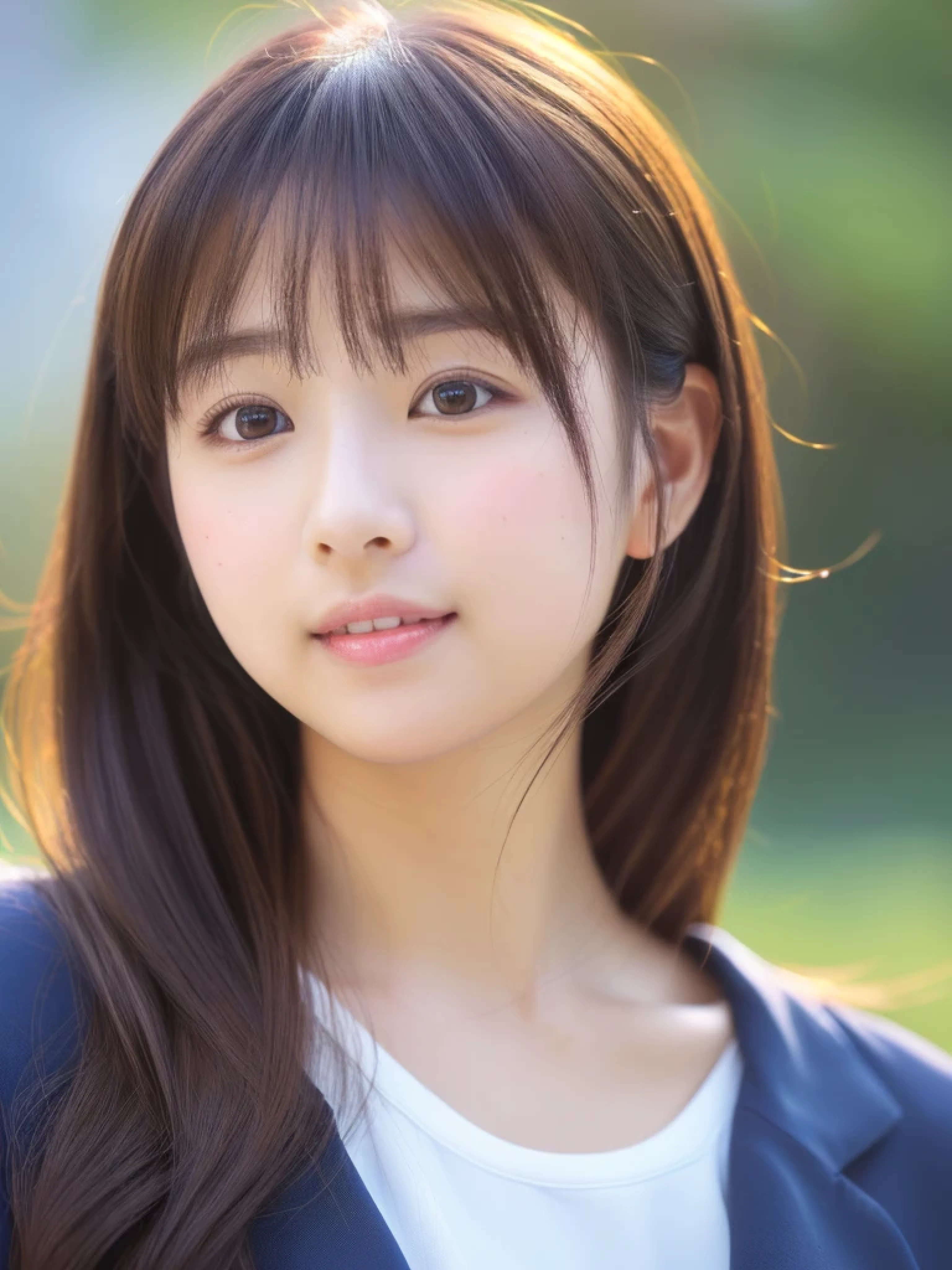 ((cute日本の女の子、beautiful japanese girl、1 girl、clear、19 years old、ponytail、Highly detailed face and skin texture、refinement、super detailed face、highly detailed eyes、Lee Hong、blush、cheek、ピンクのcheekを塗ったcheek、close-up of woman、 from the neck up、 Close to the camera、 positive face、Forward-facing body、look at the camera、front、cute、smooth white skin、Transparent skin texture、))、(dark brown hair、bangs)、beautiful woman with perfect style：1.4、japanese model、young gravure idol、若いcuteグラビアアイドル、Realistic young gravure idol、refinementされたグラビアアイドル、((highest quality、8K、masterpiece:1.3、１photograph))、(4K、RAWphotograph、highest quality)、(realistic、フォトrealistic:1.37)、Place someone on the other side of the screen、Natural light、professional lighting、