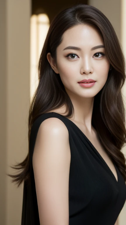((Angelina Sole)),((highest quality, 8K, masterpiece : 1.3)), sharp focus : 1.2, beautiful woman with perfect figure : 1.4, slim abs : 1.2, ((dark brown hair)), (Natural light, green : 1.1), Highly detailed face and skin texture, fine eyes, double eyelid、((professional makeup:1.3))、((sexy milf:1.3))、thick lips、lip gloss、eye make up、walking、((long hair)),((black dress ：1.3))、Inside the museum、the last supper、