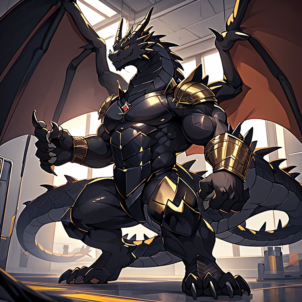 (The violent and powerful Black Dragon King，Wearing modern black and gold armor：100)，(Broad dragon body，majestic wingspan，Sharp dragon claws，thick dragon tail，huge black dragon king，Huge dragon claws：2)，Fit in size，Caught by humans and tortured in a laboratory，full body picture，Very detailed，4K HD