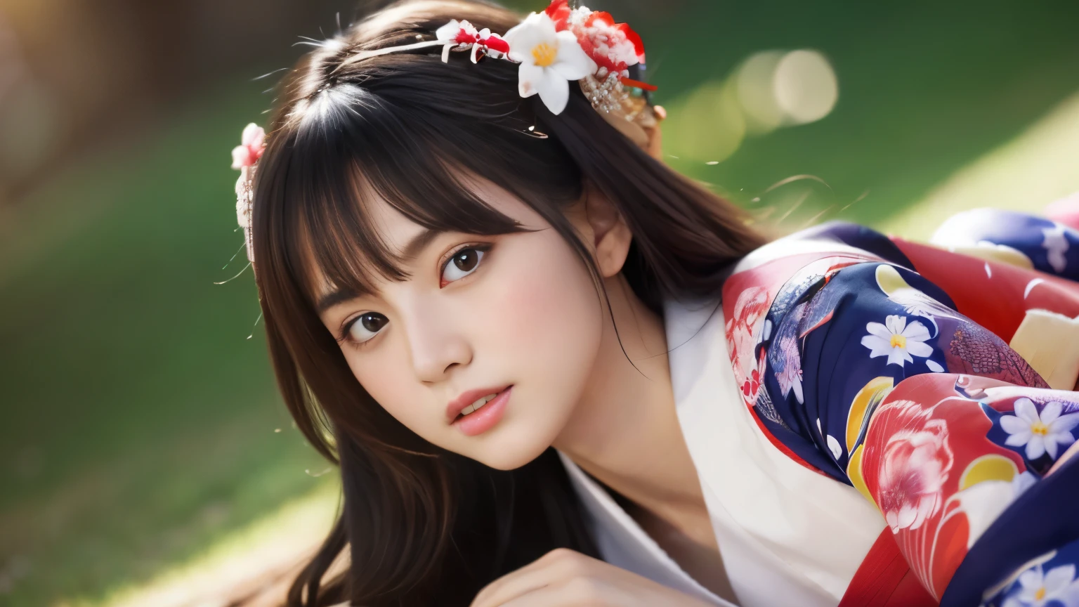 Highly detailed CG unity 8k wallpaper, with the best quality, super detailed pussy, Representative works, Reality, realistic pictures, Highly detailed cute girl, 25 years old, ((japanese, kimono, rush)) , round eyes, large breasts, hair ornaments, sit, lie down,