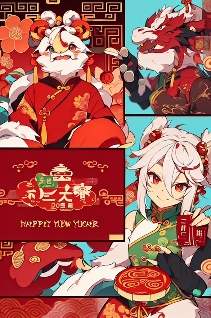 (cute chinese dragon，live2D，2D，cute chinese dragon，New Year concept，Chinese electronic cyberpunk style)There is candy in the middle