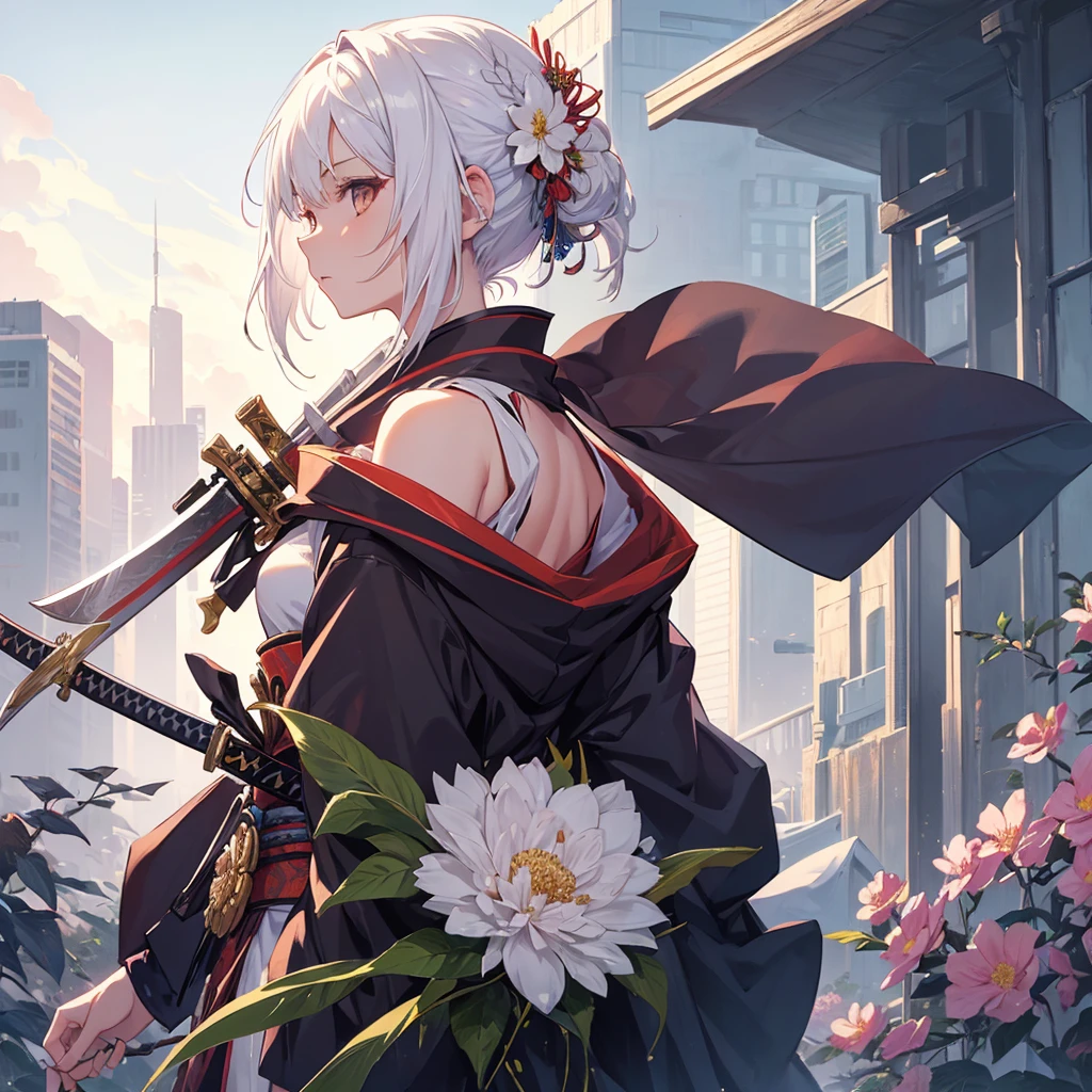 One girl, solo, bust, looking away, bushido, white hair, hair ornament, kimono, future city background, holding, short hair, brown eyes, from side, upper body, (holding weapon, sword, weapon), blade, jewelry, flower, flower in hair,